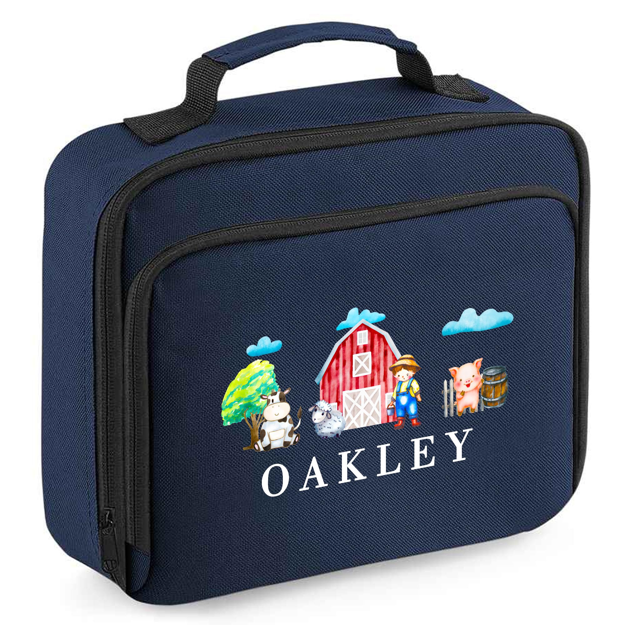 Personalised Kids Farm Animals Lunch Bag Boys Girls Custom Name Lunchbox for School Toddlers Infants Back to Nursery Gift, 24cm x 20cm x 8cm, Navy