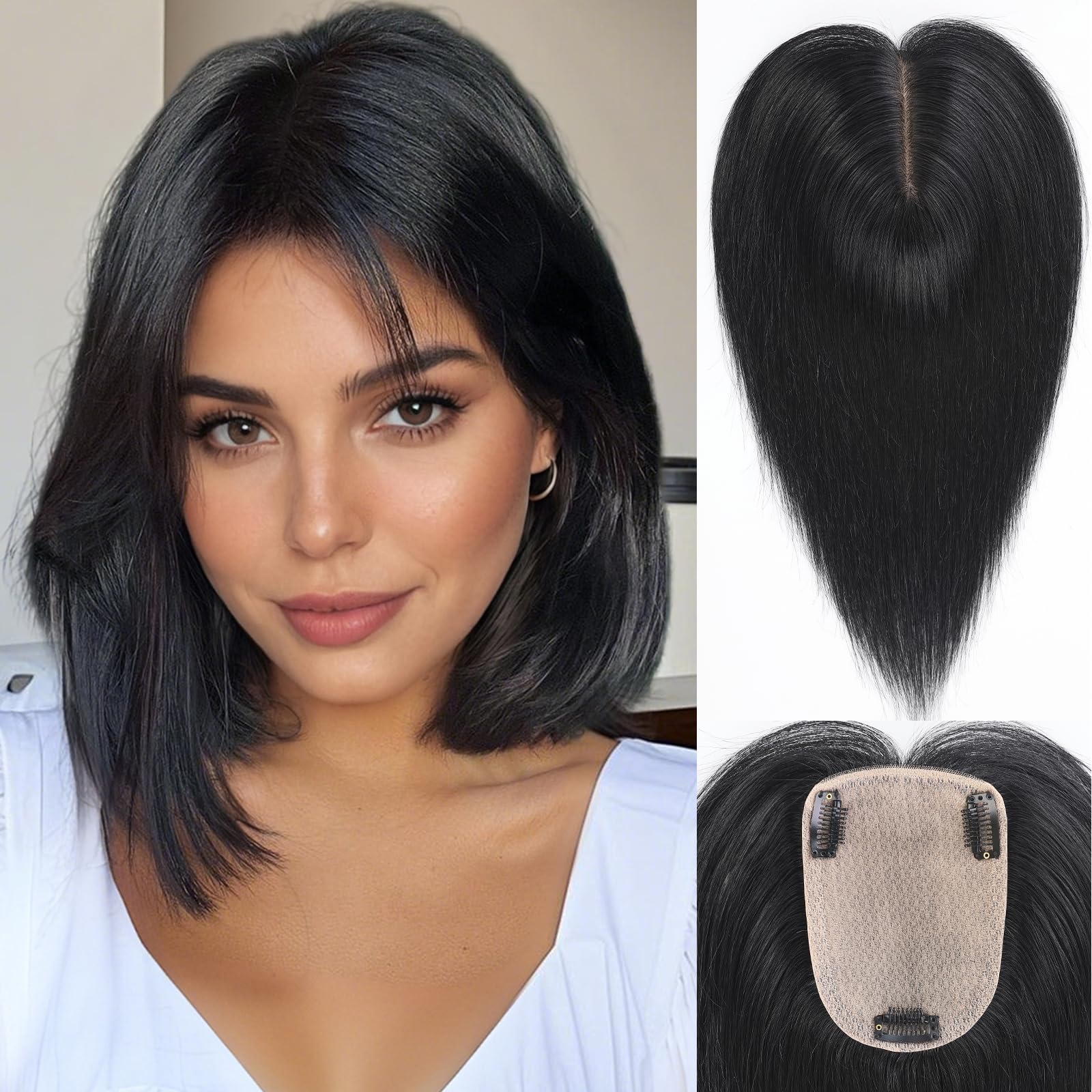 starluckHuman Hair Toppers for Women Real Human Hair With Bangs 4 * 5.5 inch Base 12 inch SilkHug Hair Topper for Women Cover Grey Roots(Natural Black)