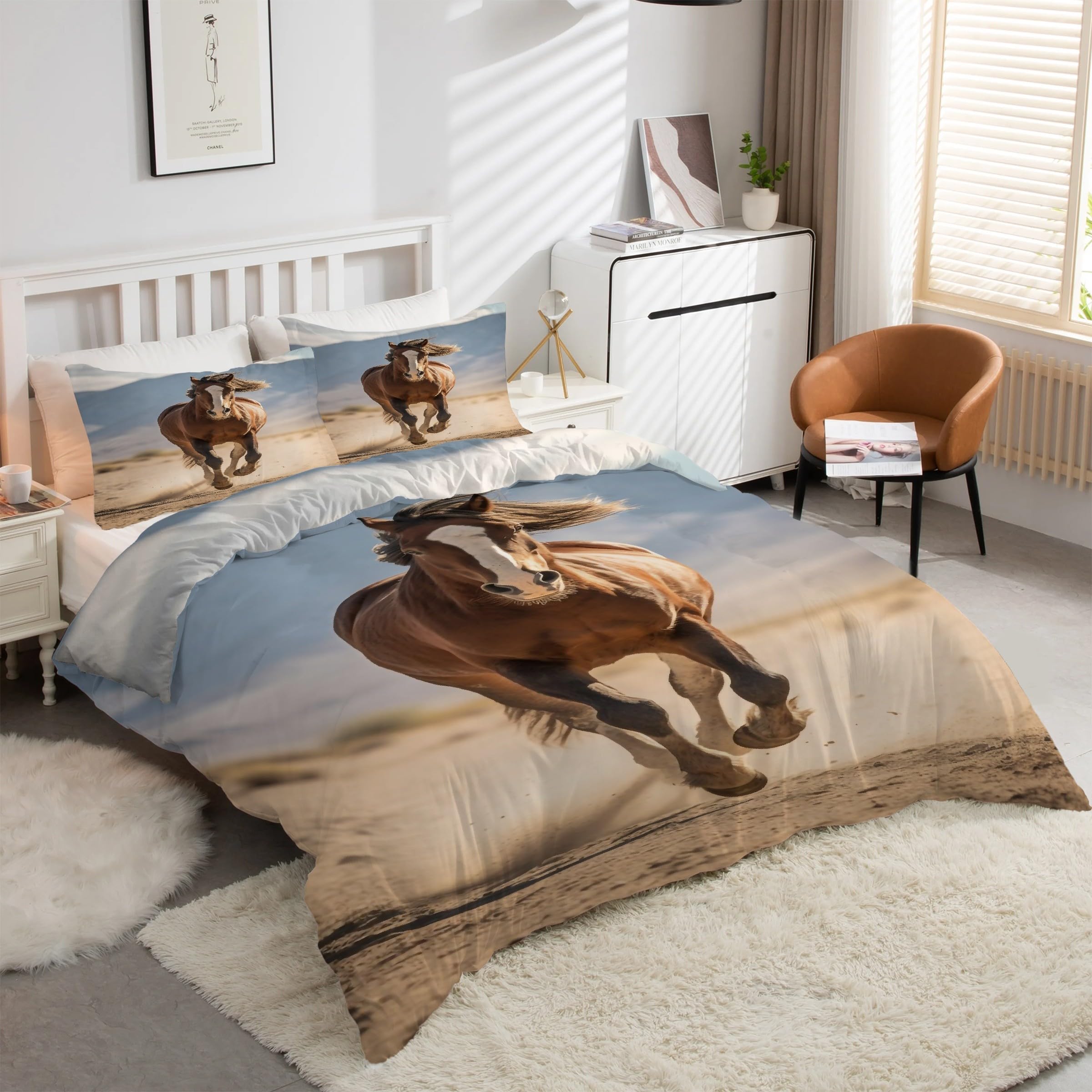 Housse de couette 240 x 260 cm chevaux en microfibre douce anti-plis avec zip