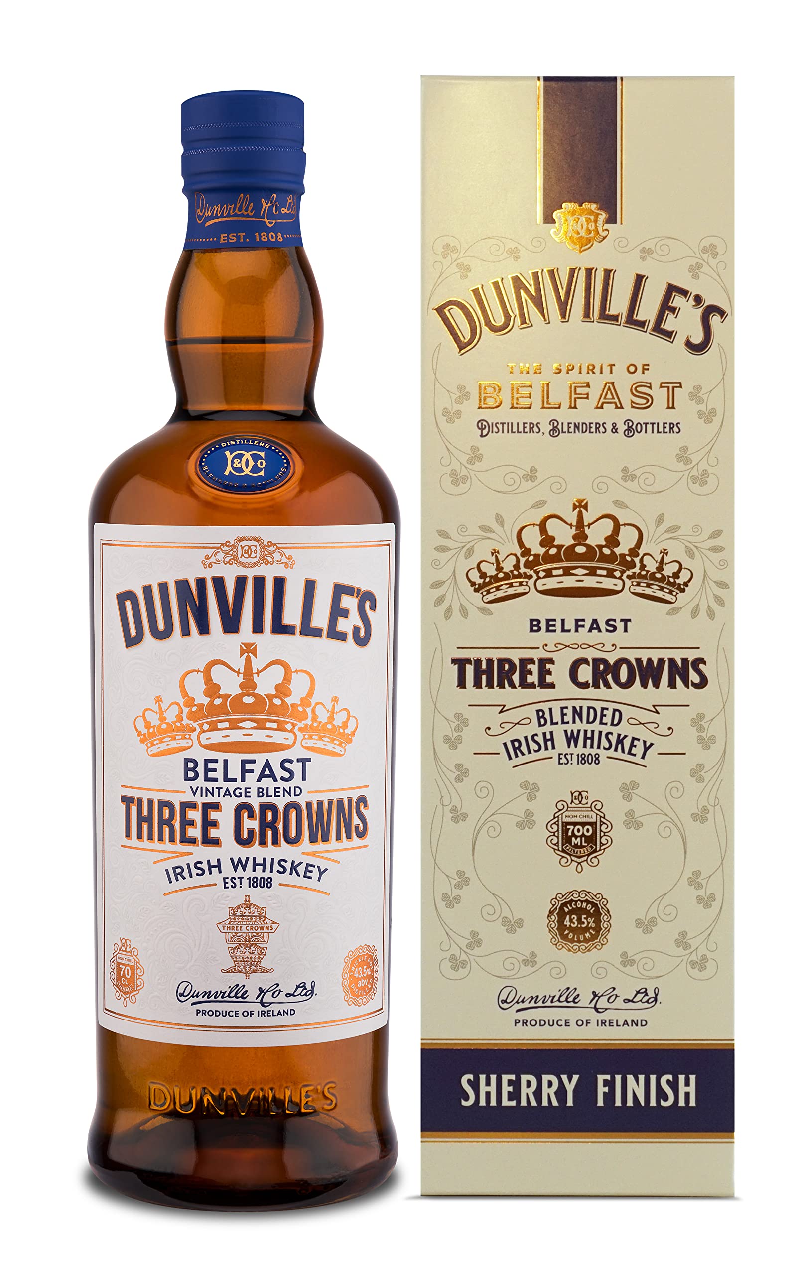 Dunville's Three Crowns Irish Whiskey, 70cl, 43.5% ABV, Sherry Cask | Award-Winning Irish Whiskey, Finished in Three Sherry Casks, Orchard Fruit & Butterscotch Notes, Whiskey Gift Idea