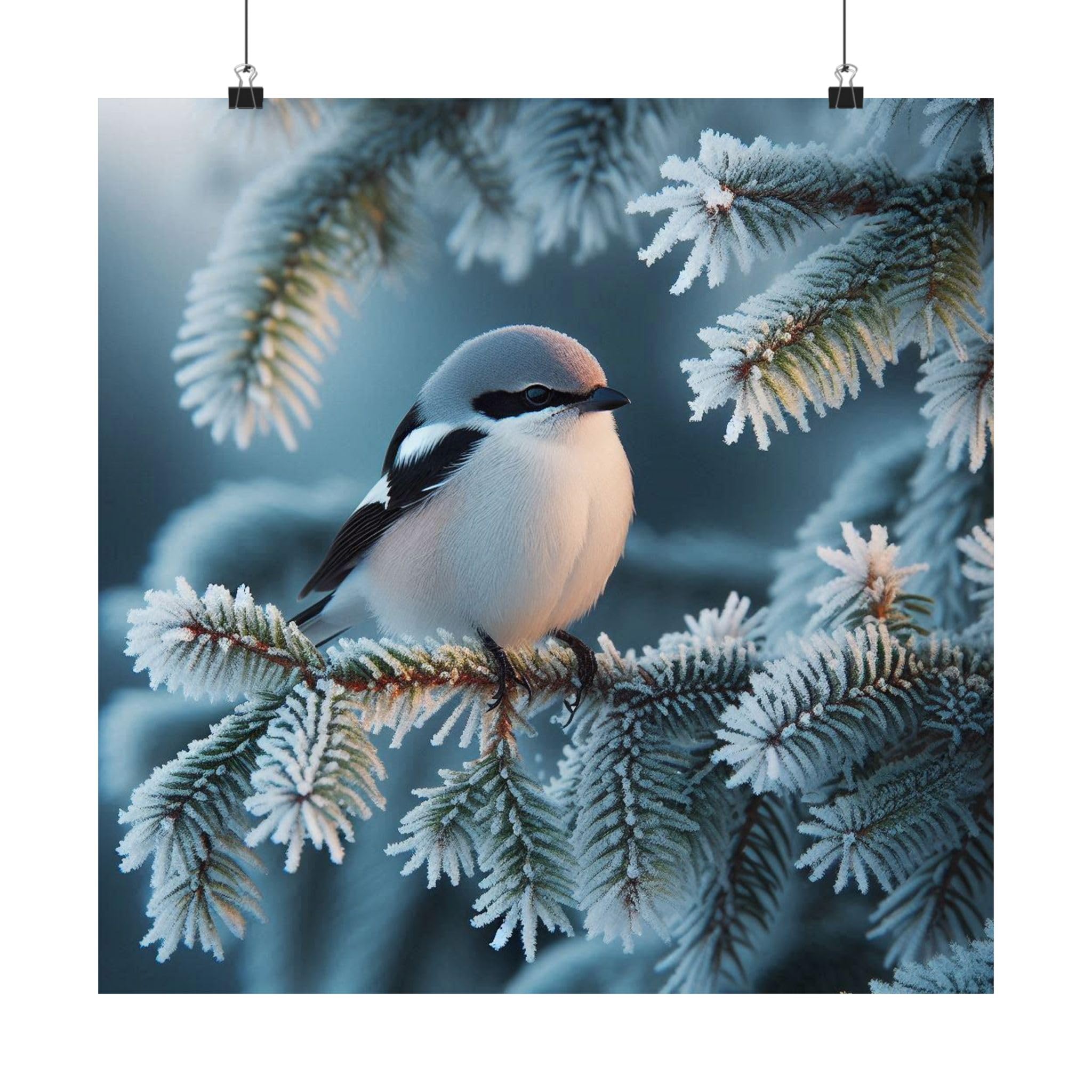 Northern Shrike Perched on Frosty Hemlocks Poster - 18x18 Inch Matte Print - Made in USA