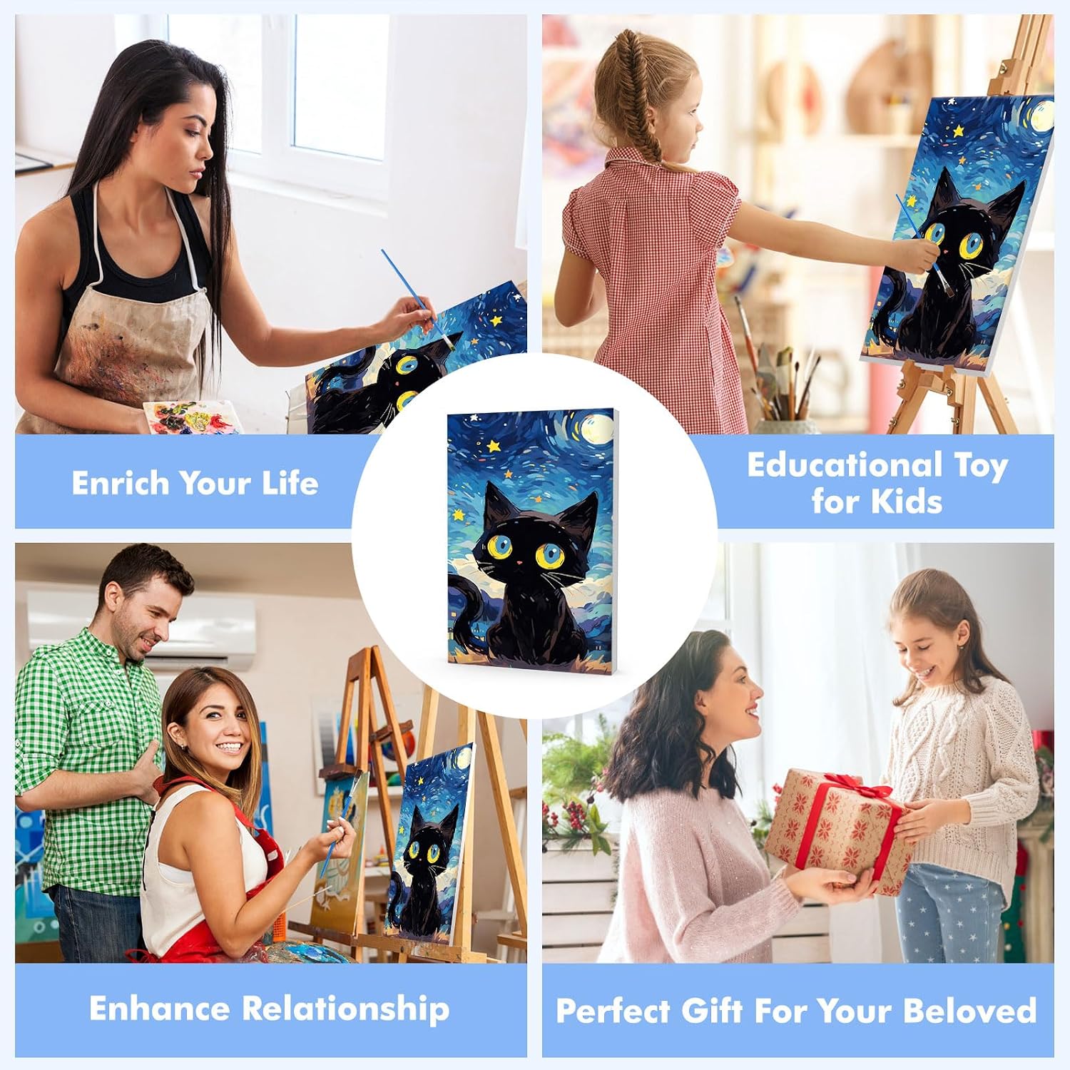 Bowetile Starry Night Cat Paint by Numbers for Adults Beginners Framed, Easy Adults' Paint-by-Number Kits, Adult Paint by Number Kits on Canvas, Acrylic Number Painting for Home Decor, 8x12in image 5