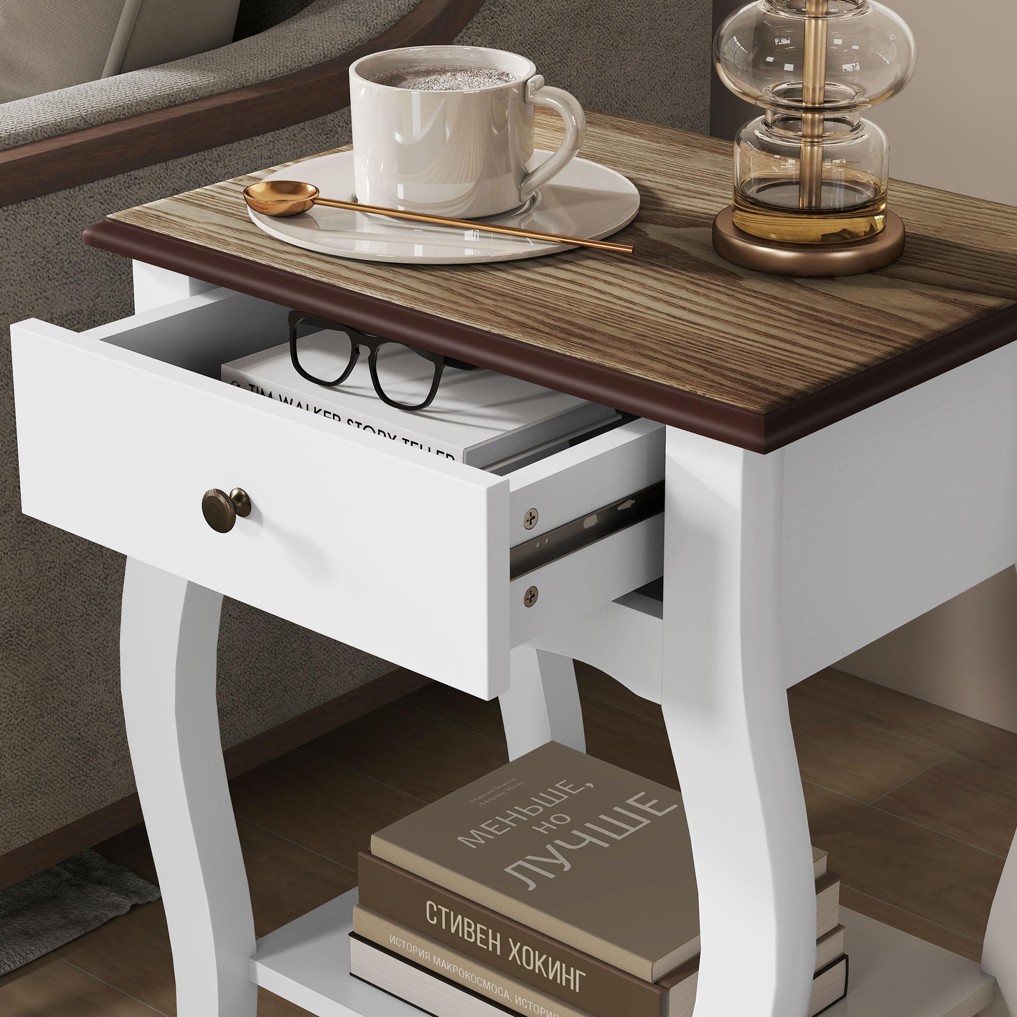 HOMCOM Comodino Camera da Letto con Cassetto e Ripiano Aperto in Stile Francese, Comodino Stretto Salvaspazio in MDF, 45x35x55 cm, Bianco e Rovere