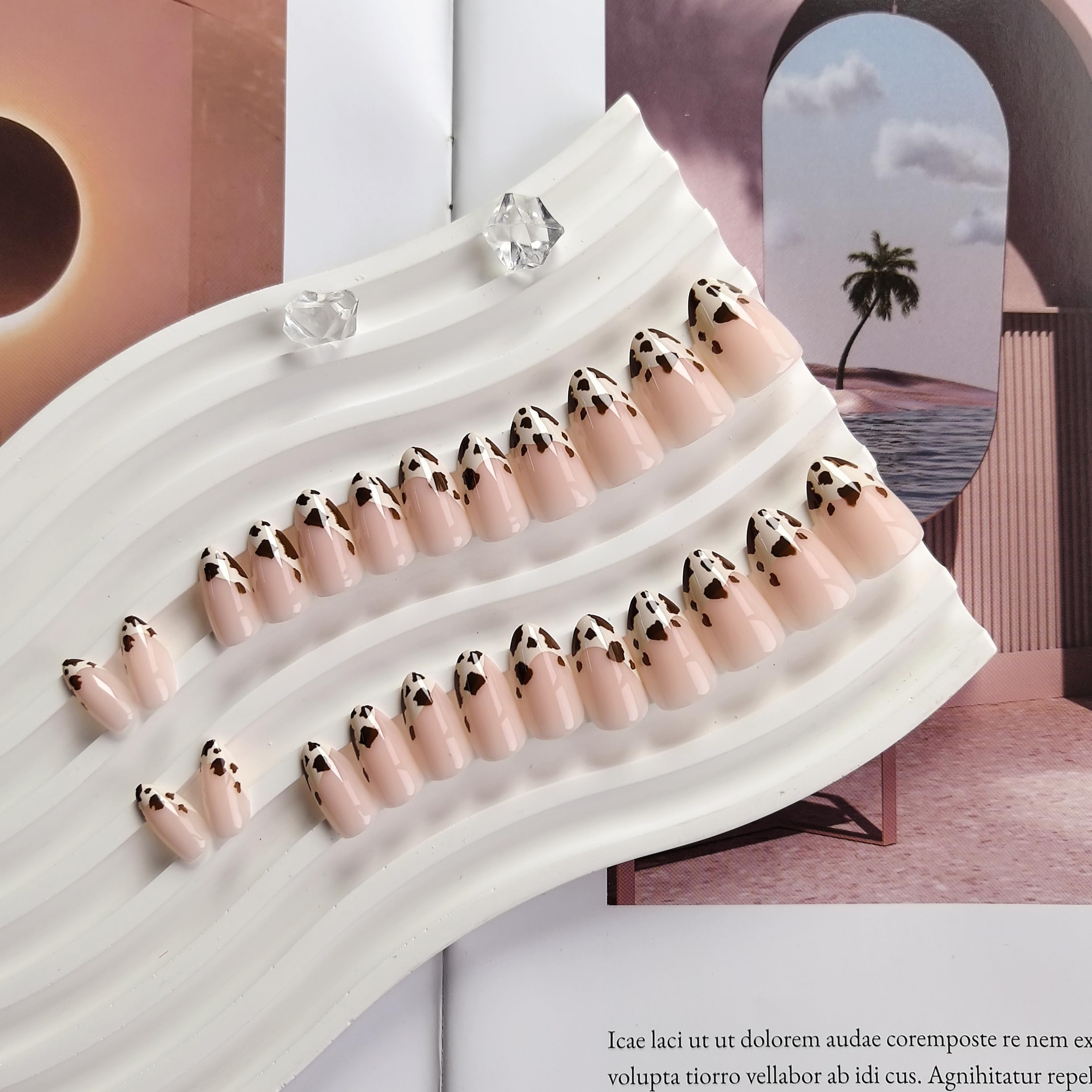 SXVME French Tip False Nails Short Almond with Cute Leopard Design French Press on Nails Short Stiletto Cherry Print Full Cover Fake Nails Glossy Acrylic Stick on Nail for Women Decoration 24 Pcs - Image 3