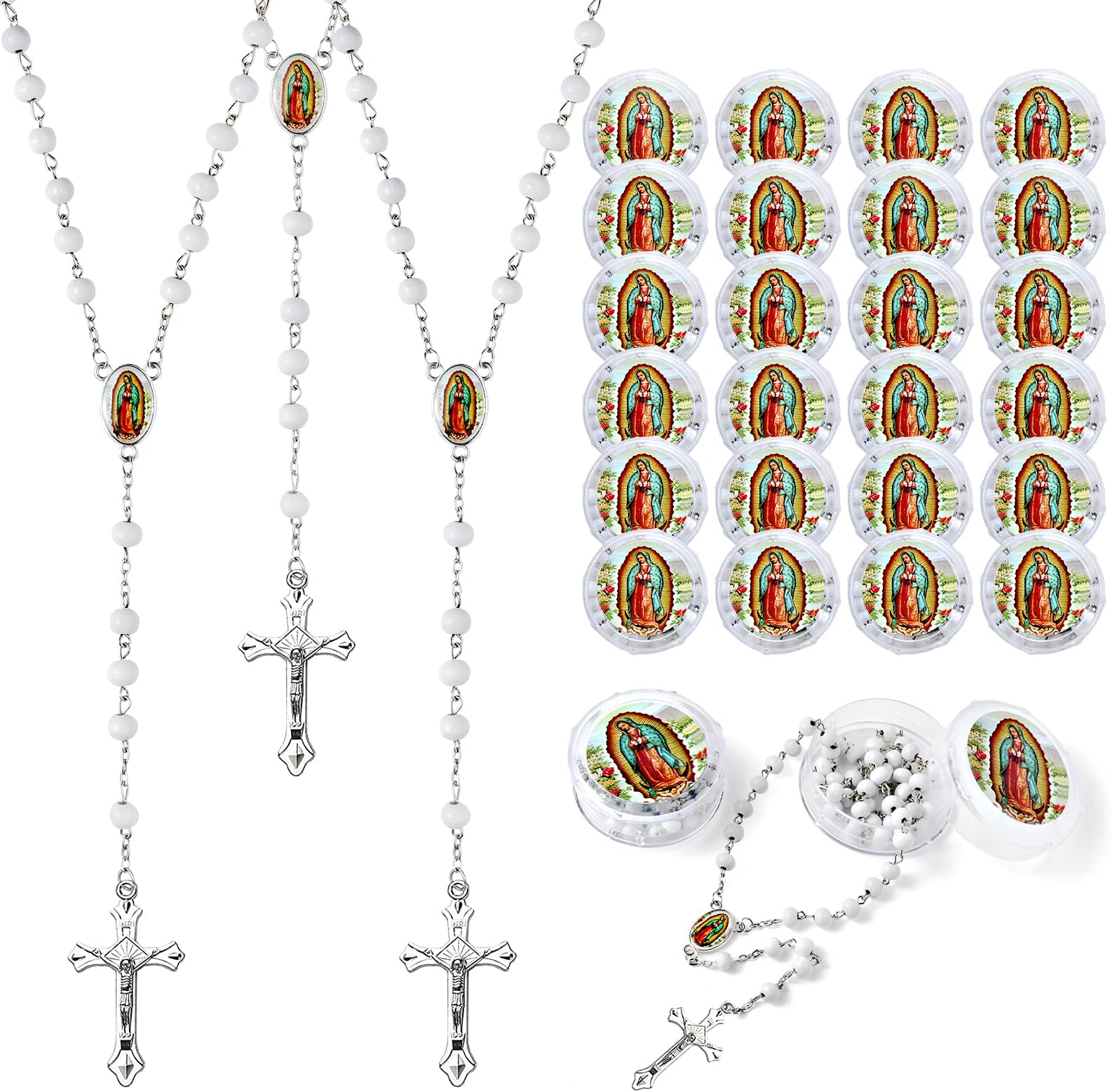 Brilucky 24 PCS White Rosary Beads Bulk For Baptism Favors,Lady Guadalupe Rosarios Catolicos First Communion Favors For Guests,Rosary Beads Necklace Gifts For Christian Quinceanera Party