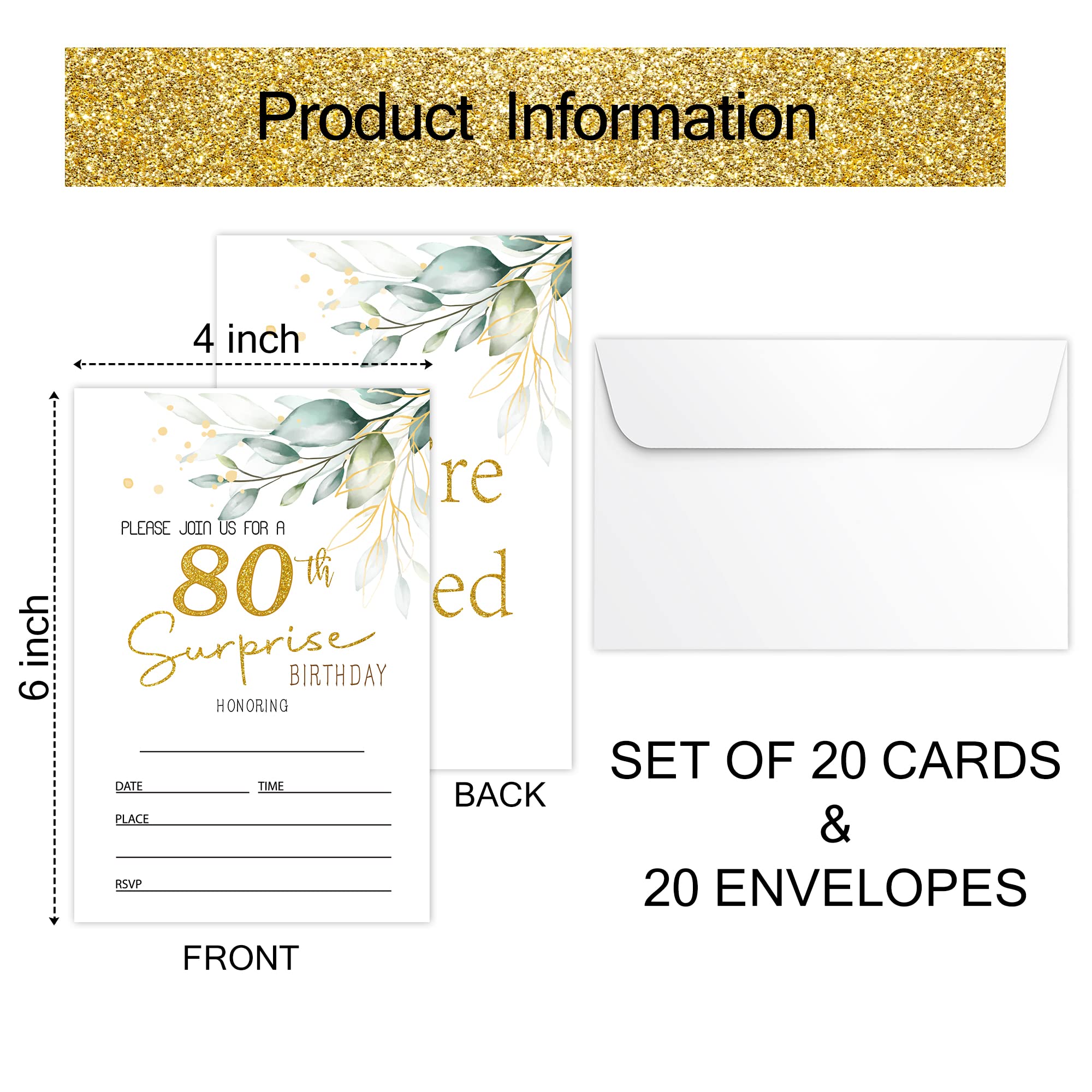 HOUSPEAK 80th Birthday Fill-in Invitations Cards with Envelopes (20 Count)?Greenery Surprise Birthday Party Supplies Decorations, Birthday invites for Woman/Man - B12