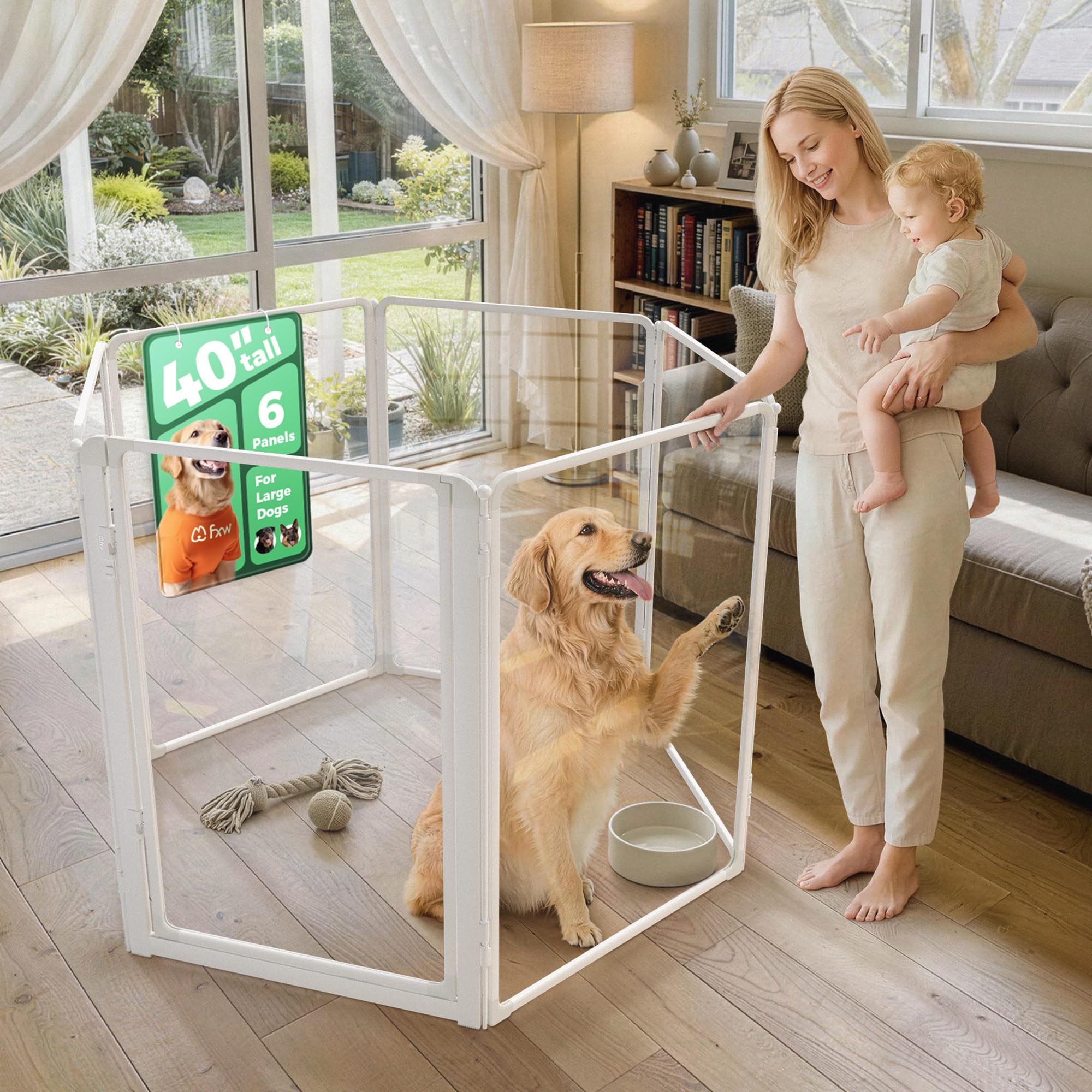 FXW AuraSpace Pro Clear Acrylic Indoor Dog Playpen, 40" H, 6 Panels