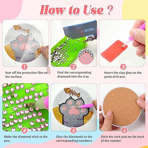 Miniatura 10 de FILASLFT Kit de posavasos de pintura de diamante, kit de posavasos de pintura de diamantes, 8 posavasos de diamante con soporte para manualidades de