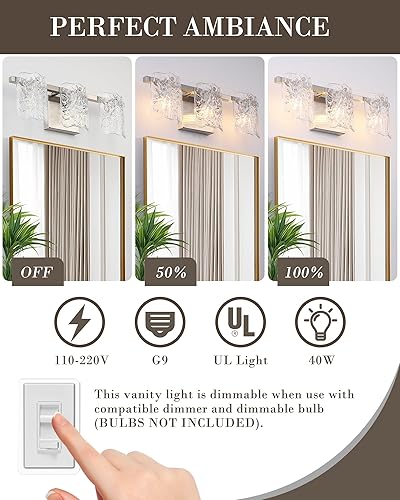 Miniatura 3 de OS-MM5002-3BN - Lámpara de tocador de baño de 3 luces, lámpara de baño de níquel cepillado sobre espejo con vidrio transparente, iluminación moderna