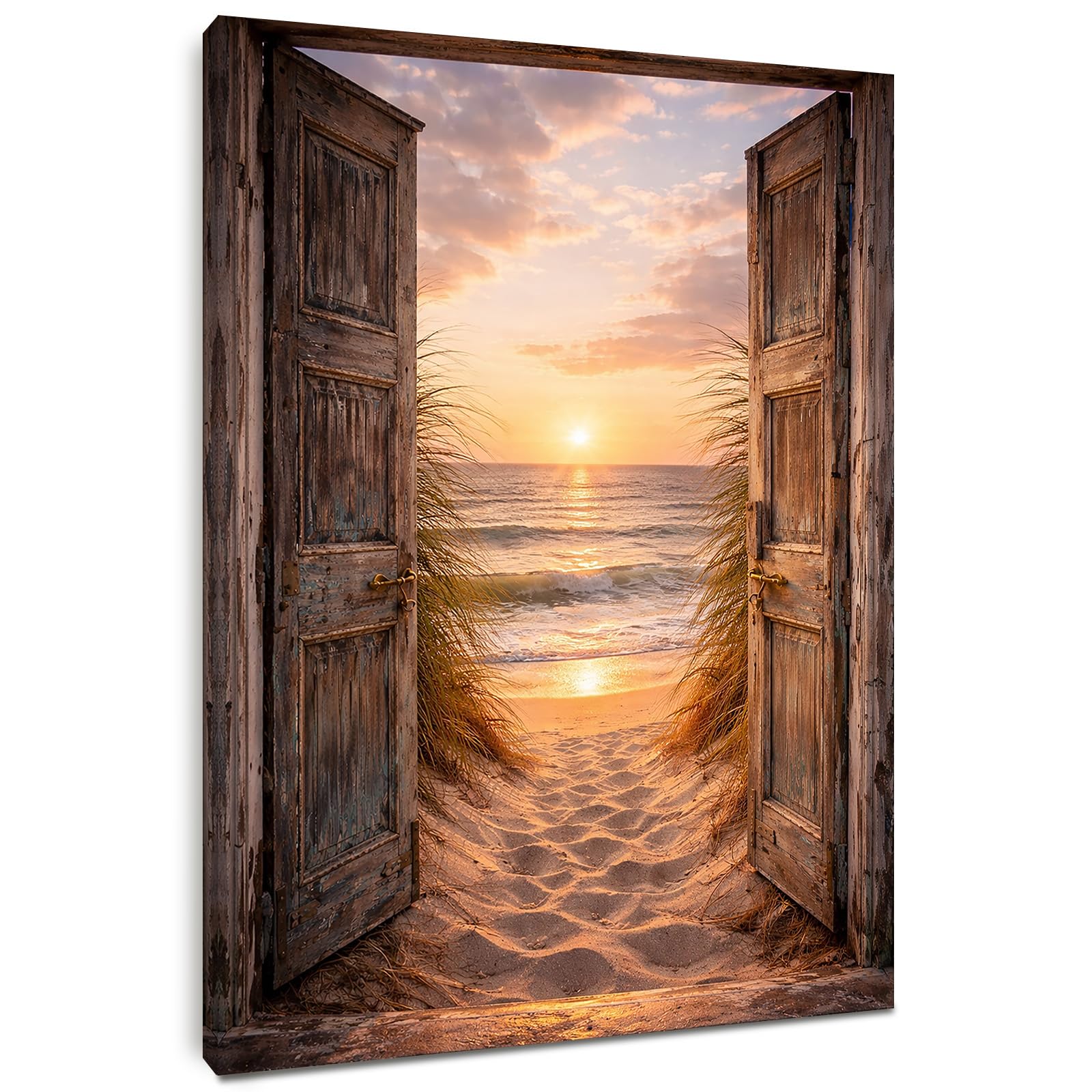 Alptiny Coastal Sunset Beach Framed Canvas Print 30x40cm – Rustic Door Ocean Wall Art with Pine Wood Frame, HD Waterproof Wall Art for Living Room, Bedroom or Office, Easy Hang