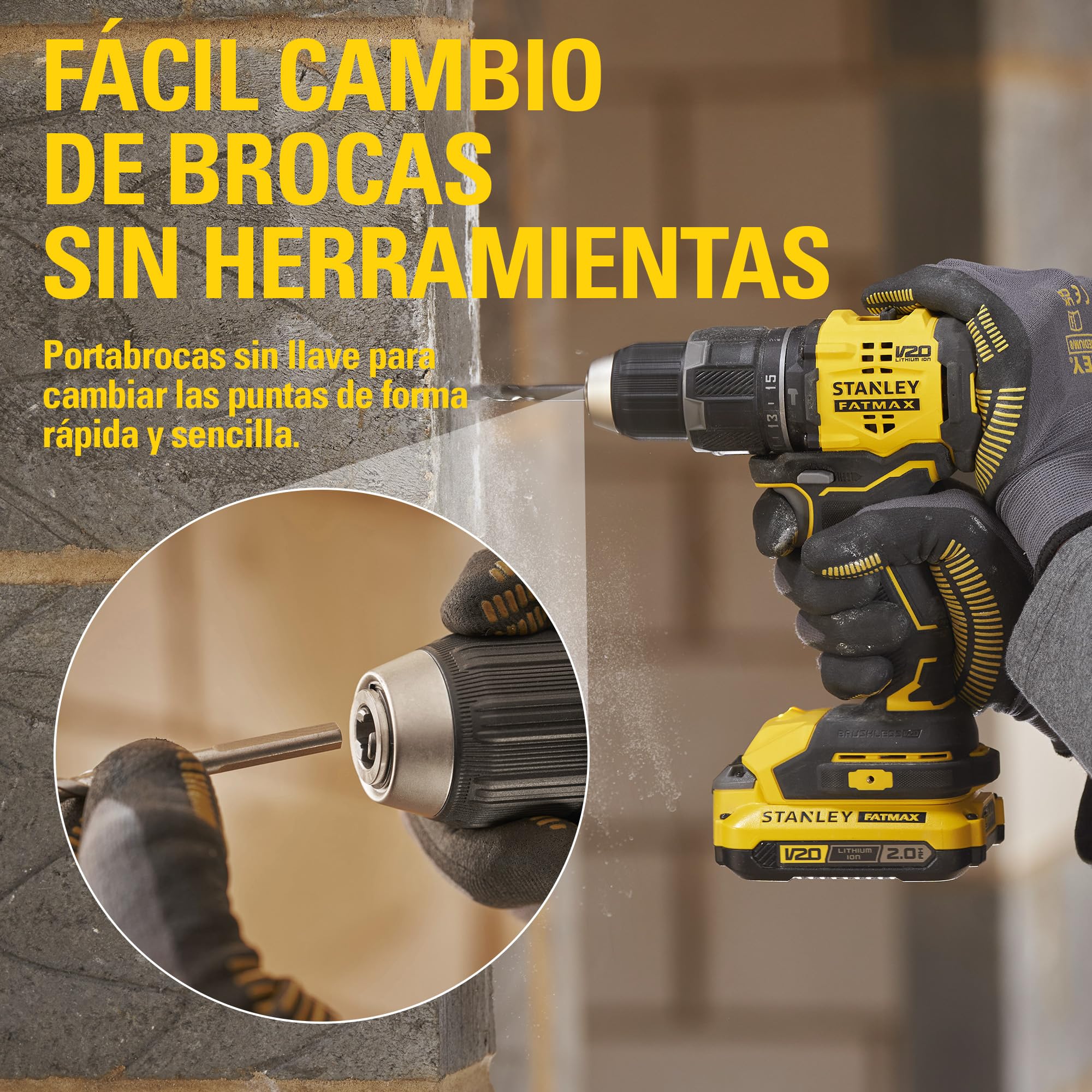 STANLEY V20 Taladro percutor sin escobillas de 2 velocidades, incluye batería de iones de litio de 2,0 Ah, cargador de 1,25 A y 100 accesorios con maletín ProStack, 18 V, SFMCD716D2A-QW