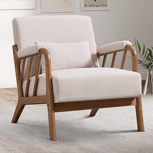 INZOY Silla decorativa moderna de mediados de siglo con marco de madera, sillón de lectura tapizado con tela de pana suave, silla decorativa para