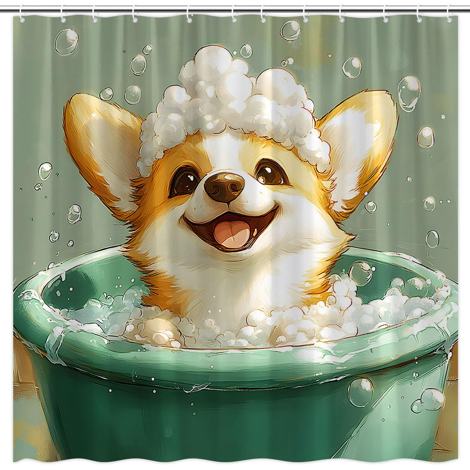 FAXTOZ Cute Dog Shower Curtain Corgi Dog Taking a Bubble Bath Funny Animal Family Pet Polyester Bathroom Curtains Set with Hooks 60"x70"