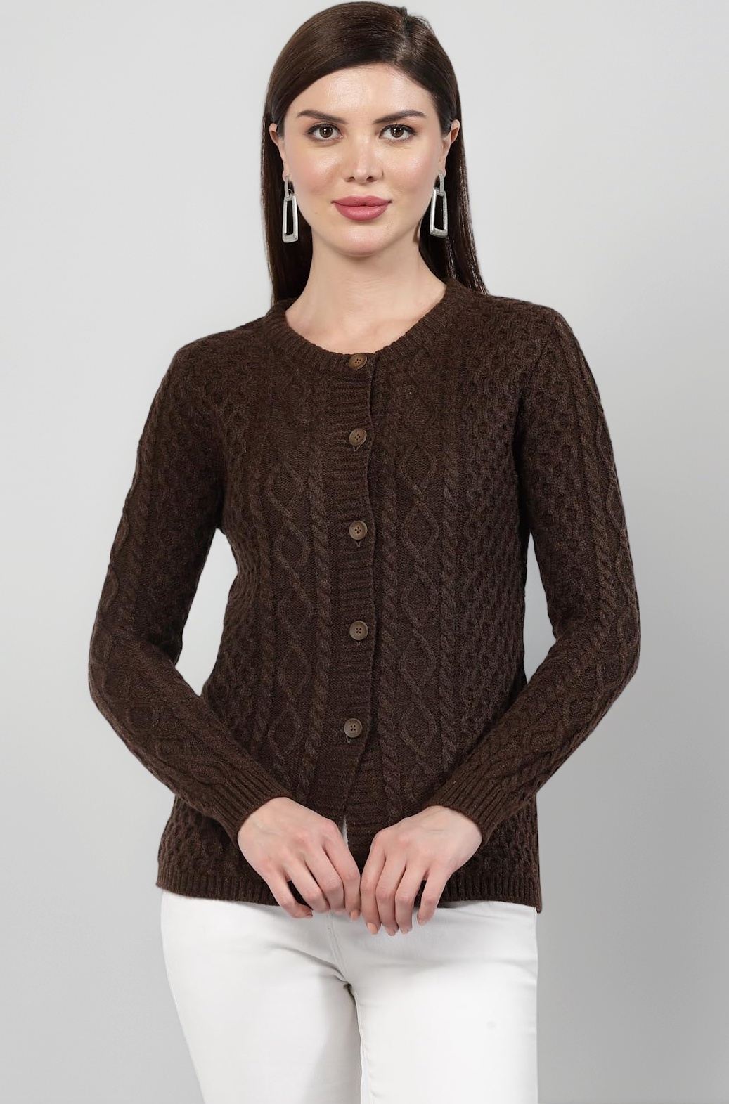 Kalt Women Sweater for Winters Woolen Acrylic Full Sleeve Round Neck Cable Design Cardigan Sweater for Women Winter Woollen Stylish