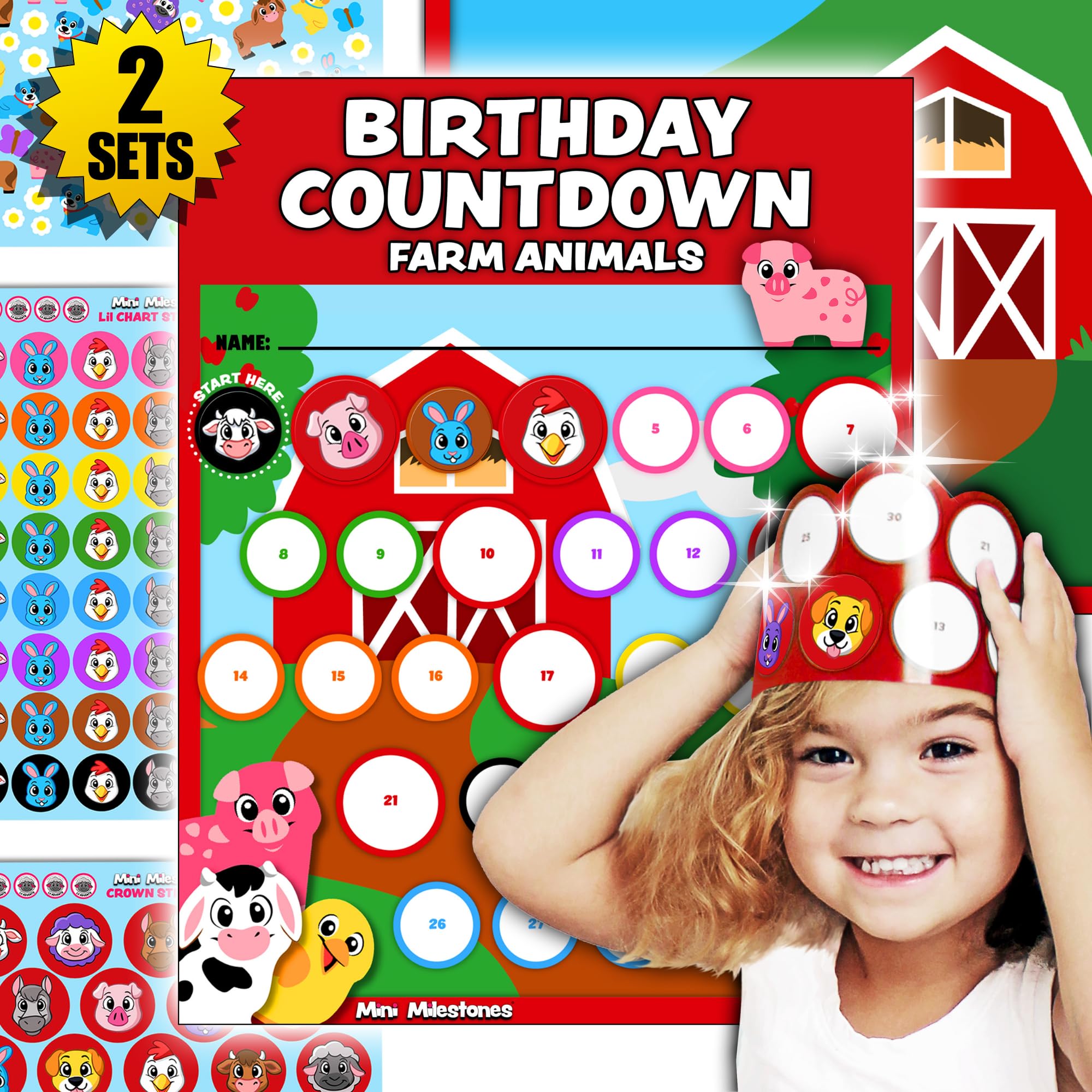 2PK Farm Animals Sticker Birthday Countdown Advent Calendar for Kids 18m+ Countdown to Christmas for Toddlers, Vacation, Party or School with Activity