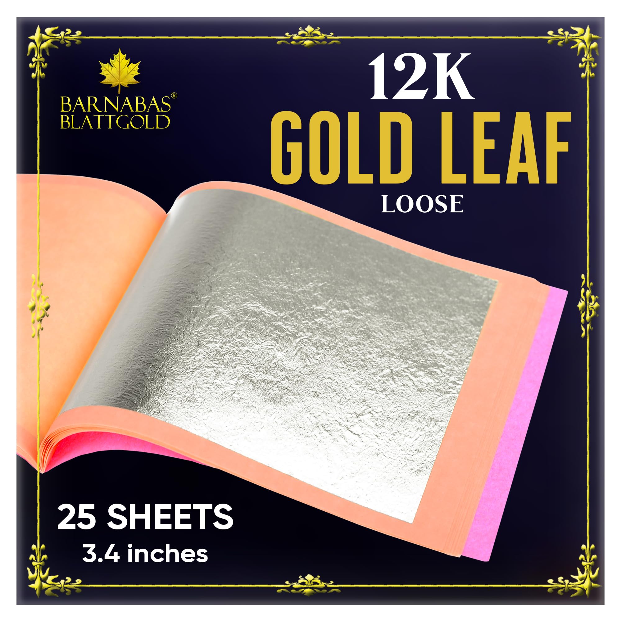 BARNABAS BLATTGOLD Gold Leaf - 12K Real Gold [25 Sheets, 3.4 inches] - Loose Sheets for Painting, Arts and Crafts