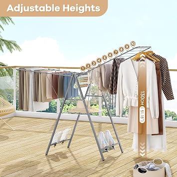 SYKIARIOL Clothes Drying Rack Foldable, Height Adjustable Clothes Airer, Metal Drying Rack Laundry, Portable Drying Rack Indoor & Outdoor For Sweater Baby Clothes, Grey