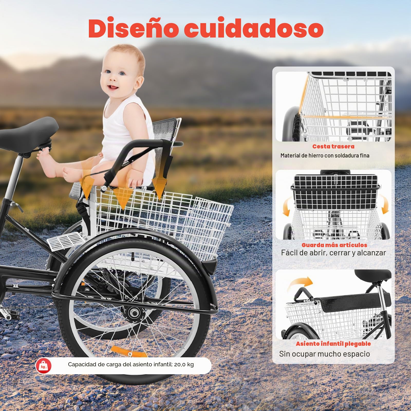 Triciclo De 20 Pulgadas Para Adultos Con Asiento Infantil – Capacidad 120 Kg, Cesta Y Diseño Estable De 3 Ruedas