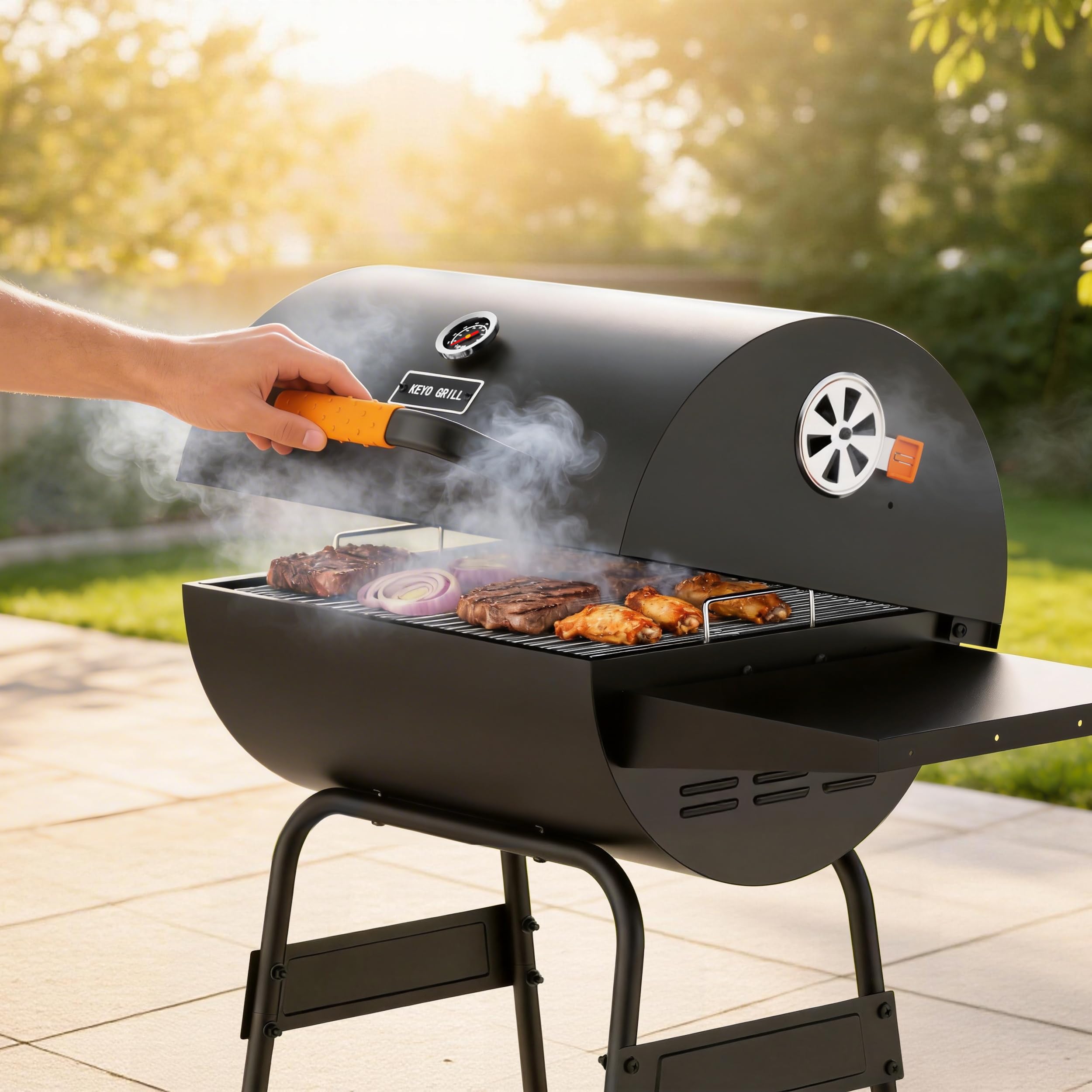 KEYO Barbacoa de Carbón y Ahumador con Bandeja de Carbón Regulable en Altura, Gran Barril de Barbacoa Portátil para Jardín Exterior, Cámping, Fiesta en Patio y Picnic - 20 Pulgadas