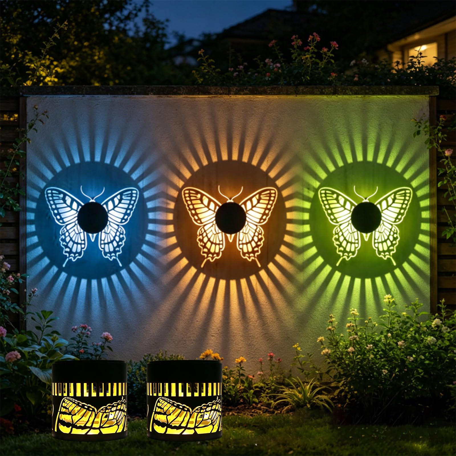 AVEKI Solar Outdoor Fence Lights, 2 Pack Solar Powered Metal Deck Step Wall Lights, Waterproof Garden Light for Patio Backyard Yard Post Decor, Gardening Gifts for Women Mom (Colored-Butterfly)
