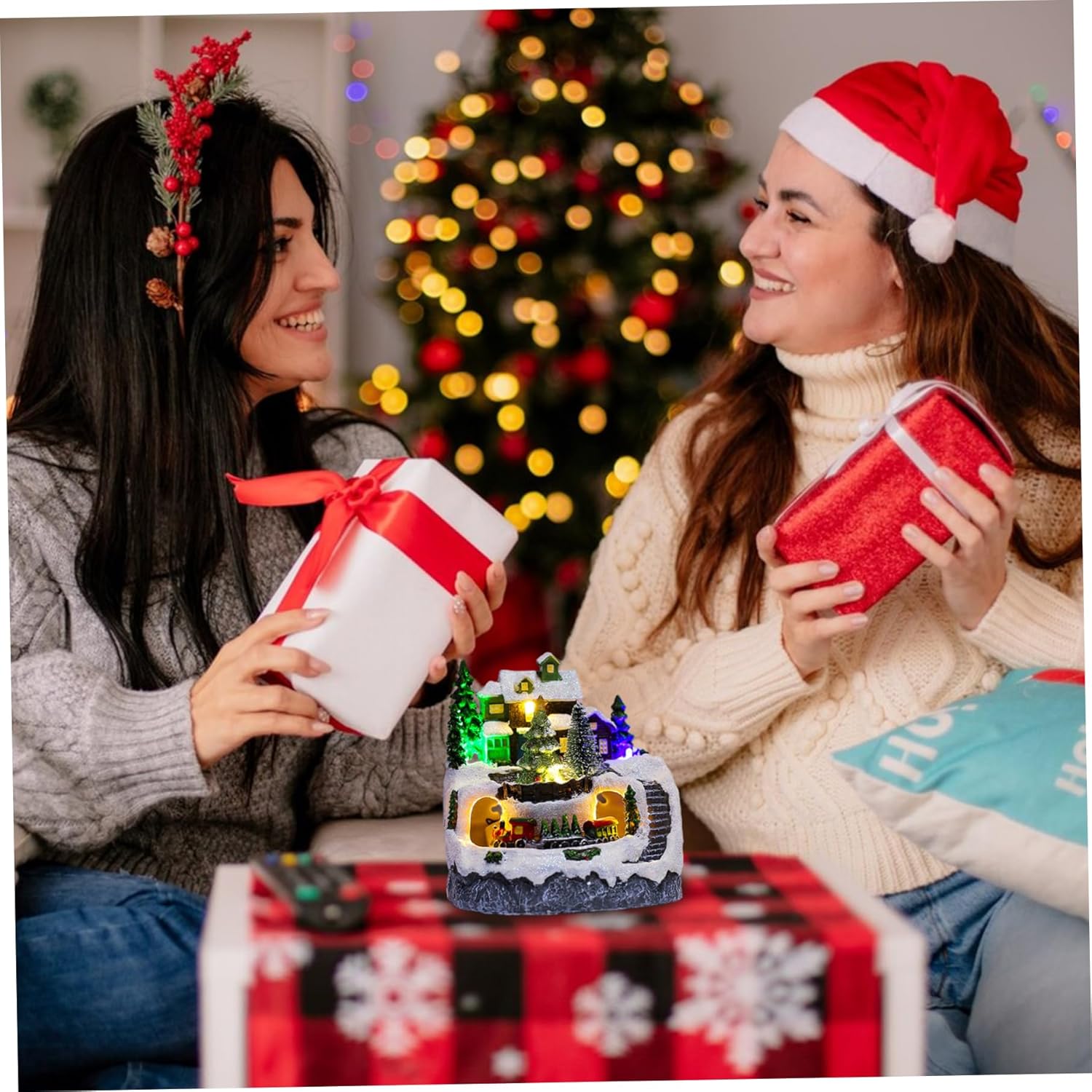 Christmas Village Houses LED Lighted Musical Snow Christmas Houses with Train and Trees for Winter Xmas Holiday Tabletop Mantel Decor
