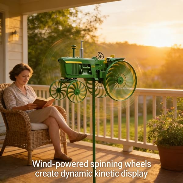 Garden Wind Spinner, Green Tractor Windmill Stake with Rotating Wheels, Outdoor Yard Sculpture Decor Ornament Gift for Friends Family (Green) - 2