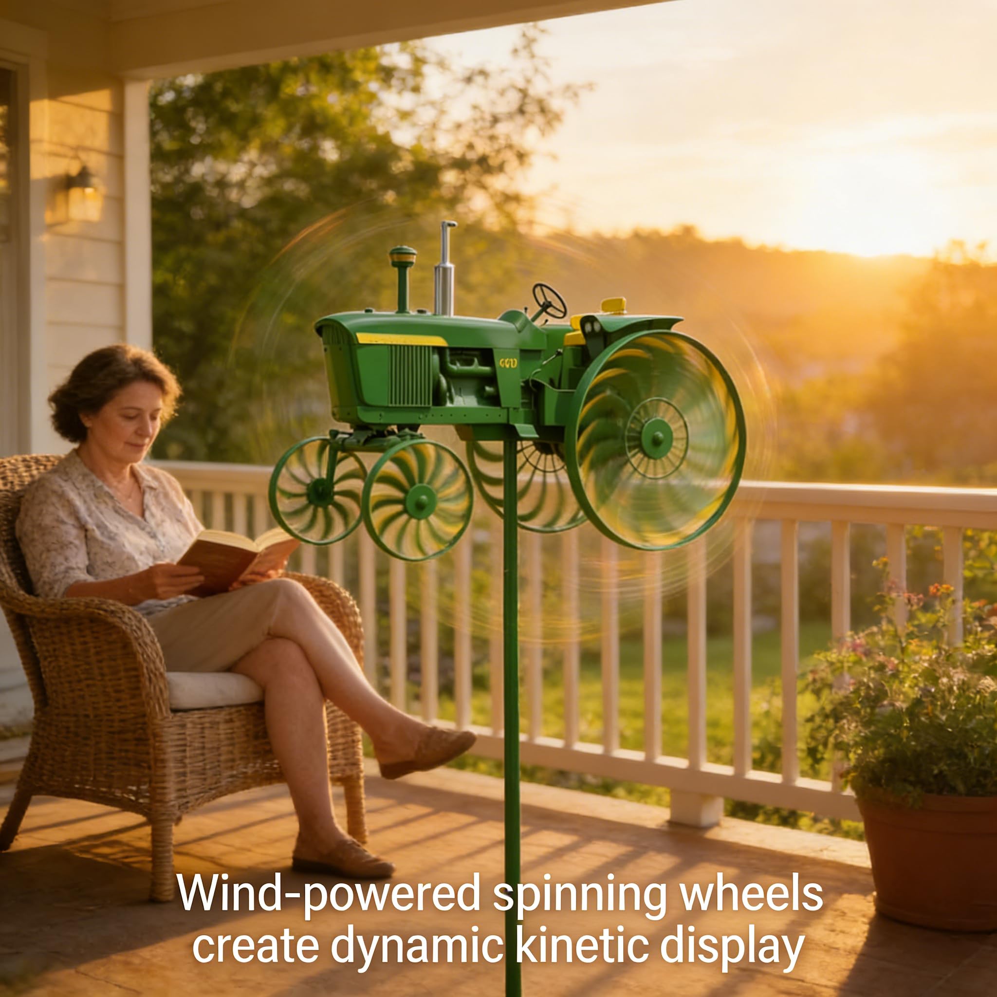 Garden Wind Spinner, Green Tractor Windmill Stake with Rotating Wheels, Outdoor Yard Sculpture Decor Ornament Gift for Friends Family (Green) — view 2