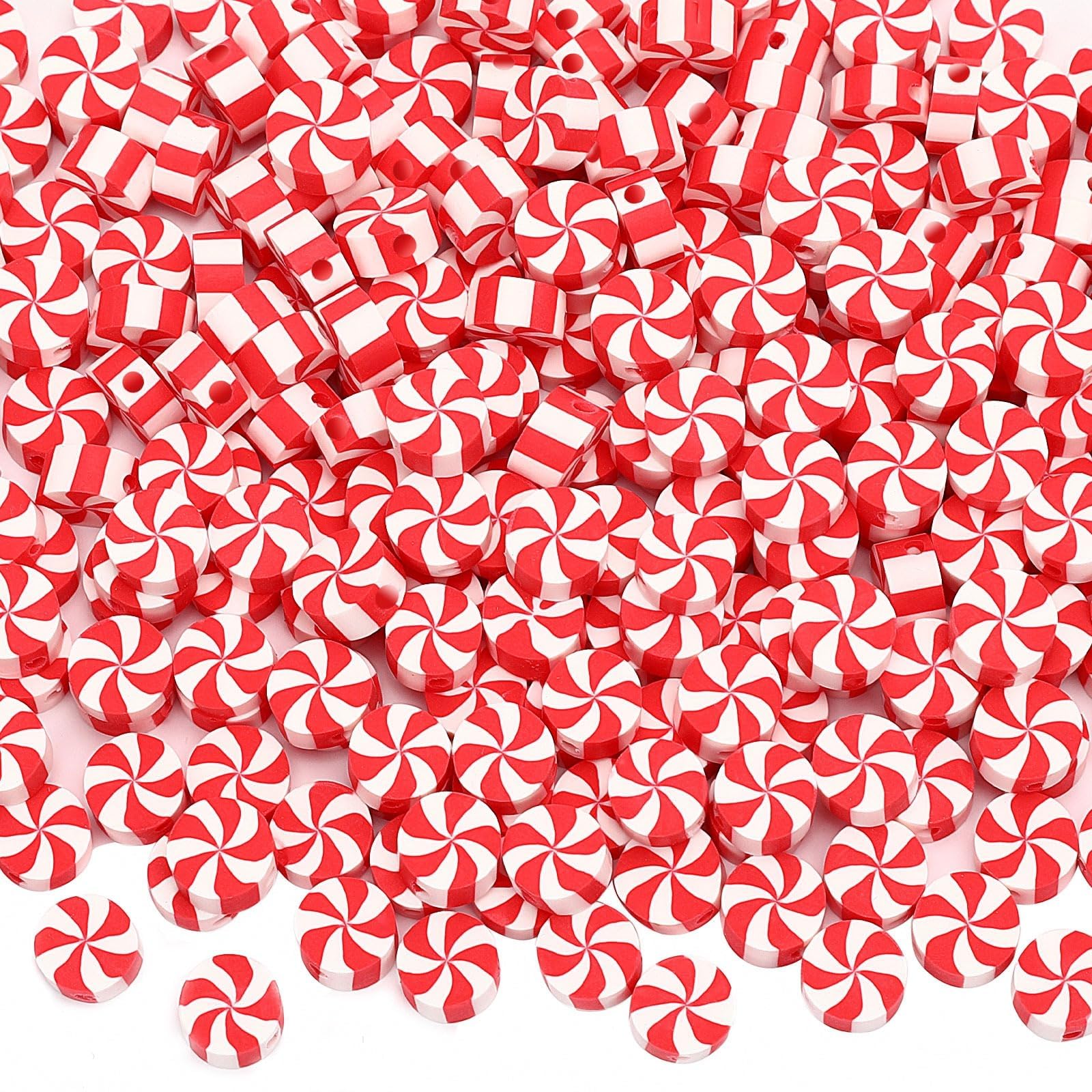 Augshy 300Pcs Christmas Candy Polymer Clay Beads for Jewelry Making, Red White Candy Spacer Beads Xmas Crafts Bead for Bracelets Necklaces Earrings and Holiday Christmas Tree Decoration