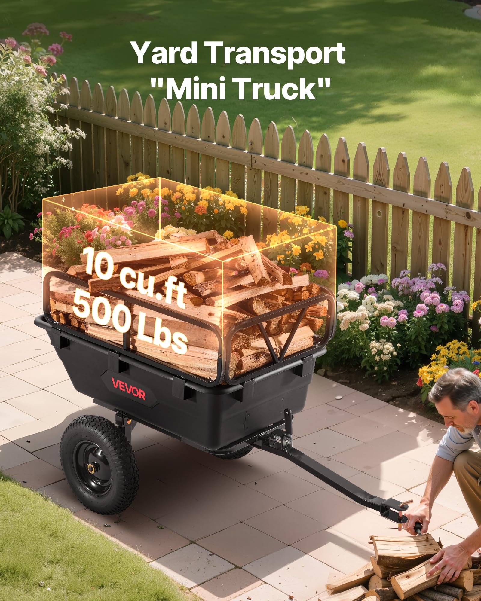 VEVOR Remorque à Benne Basculante, 283 L, Remorque de Tracteur Tondeuse à Gazon Jardin Polyéthylène, Capacité de Charge 226,8 kg, avec Pneus 40,64 cm, Chariot de Transport à Déversement pour VTT, UTV
