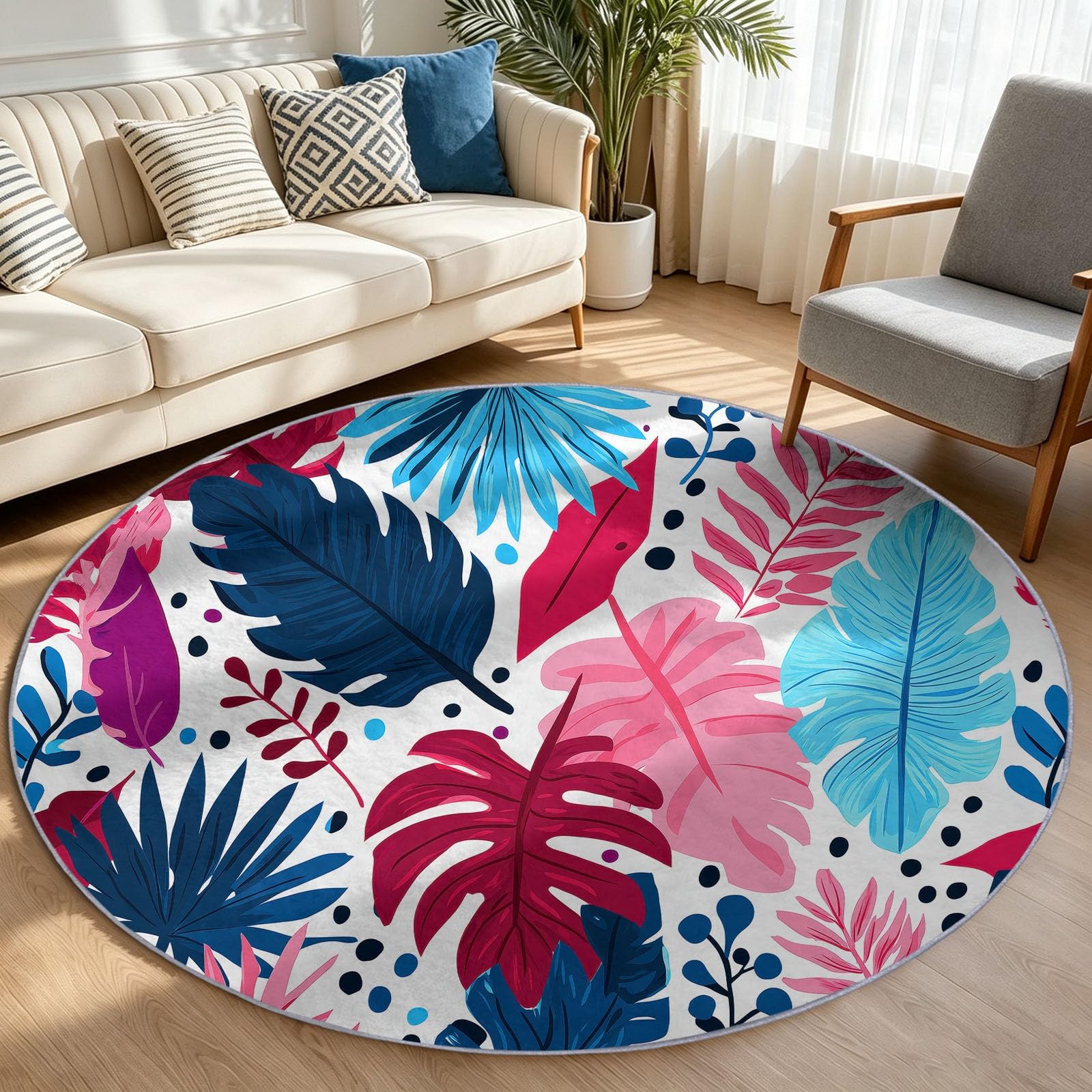 Tappeto rotondo lavabile, 90 cm, stile retrò, bohémien, morbido, con stampa a pois tropicali, a pelo corto, antiscivolo, per ingresso, soggiorno, camera da letto, accanto al divano e all'ufficio