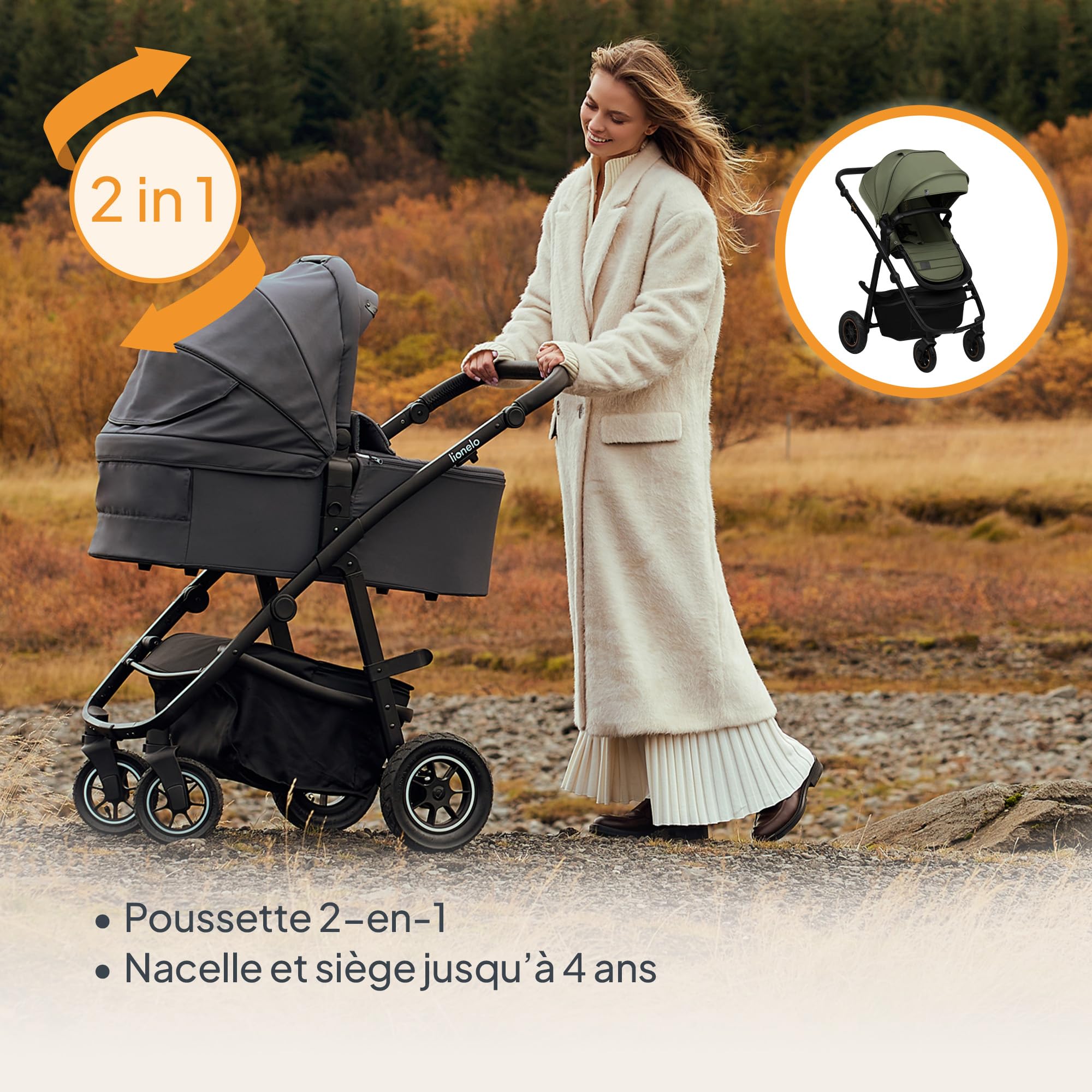 LIONELO Amber Plus - Poussette 2-en-1 0 à 4 ans jusqu'à 22 kg avec baignoire, dossier réglable, harnais 5 points, grandes roues 360o, housse XXL, landau (Green)