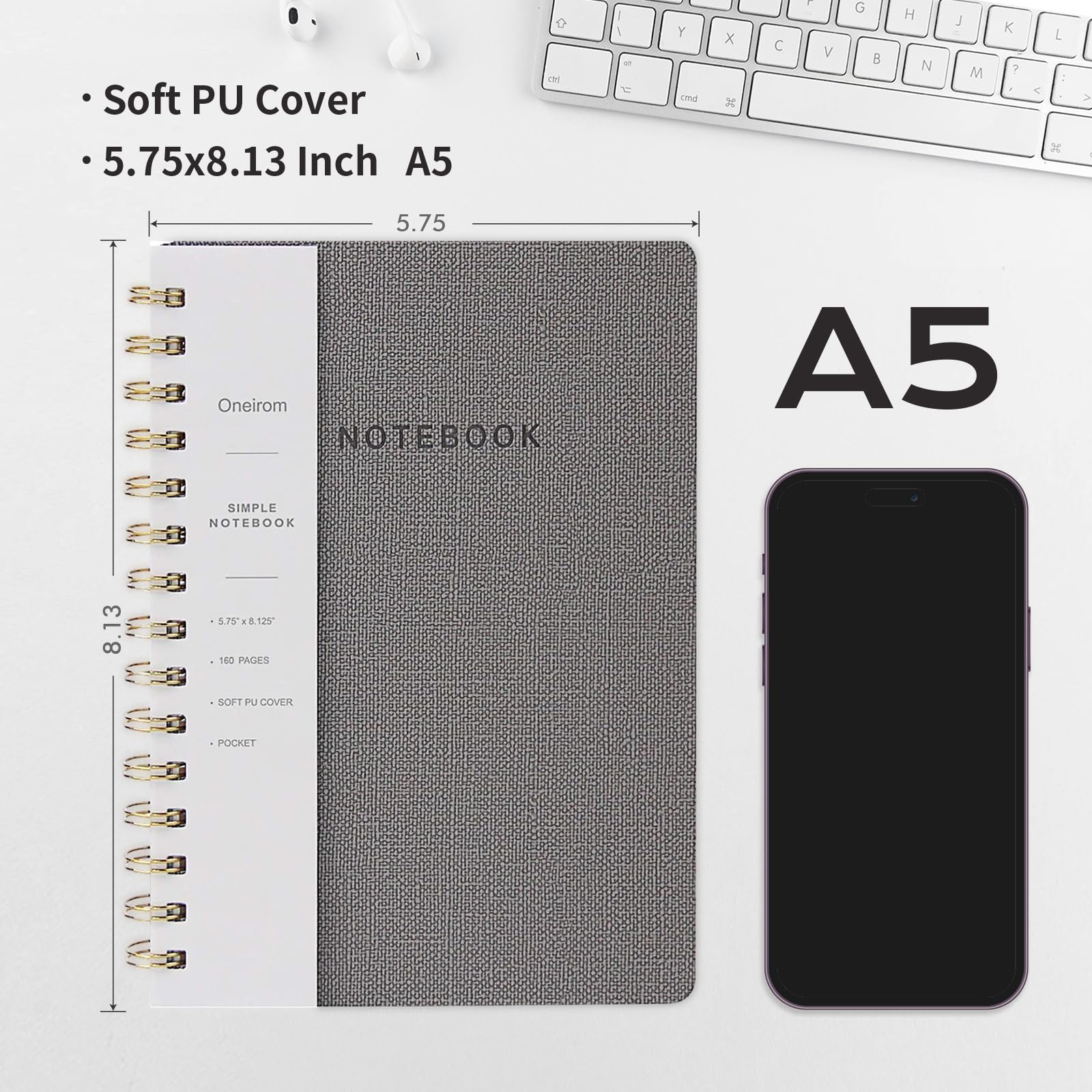 Lot de 3 carnets à spirale de 14,6 x 20,6 cm avec poches arrière et 160 pages lignées avec couverture en cuir synthétique A5, carnet de notes à reliure à double spirale, parfait pour le bureau et la