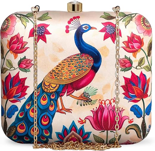 Artklim Women’s Peacock Floral Printed Clutch Bag | Box Style Evening Clutch Purse with Detachable Metal Chain | Stylish E...