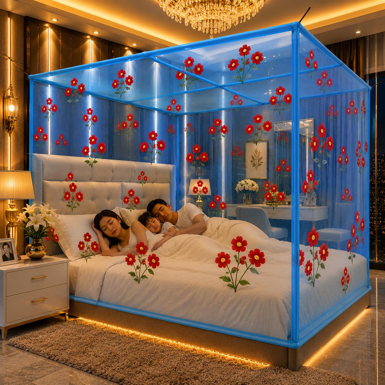 Mosquito Net for Double Bed, Blue with Floral Print | Square Box Canopy, Cotton-Tape Stitching, Hanging Loop Design, Insect Protection, Family Size-picture-32