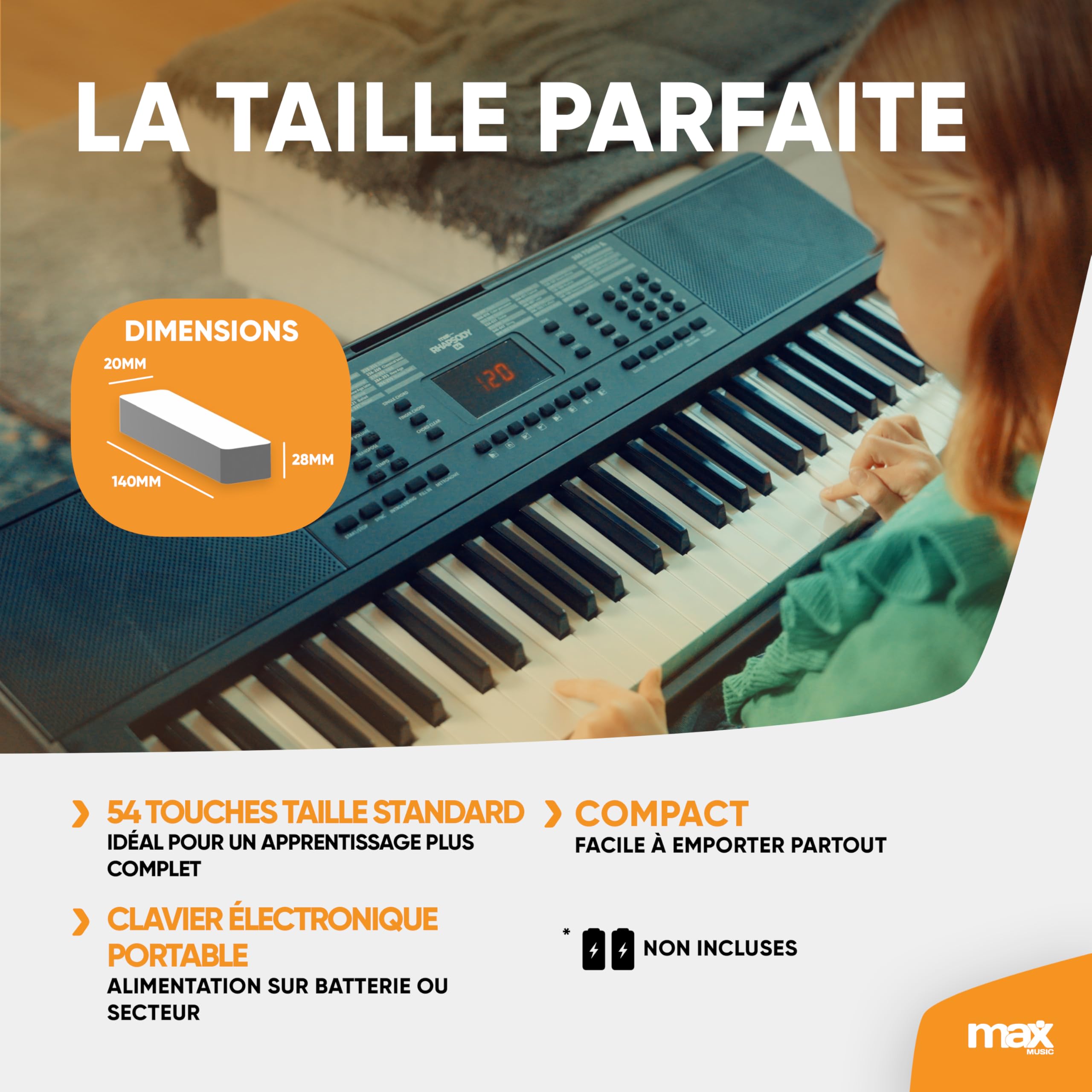 Max Rhapsody54 Clavier Électronique, 54 Touches, Synthétiseur Débutant, Deux Modes d'Apprentissage, Avec Porte-partitions, Deux Haut-parleurs Intégrés, Idéal pour Démarrer votre Apprentissage