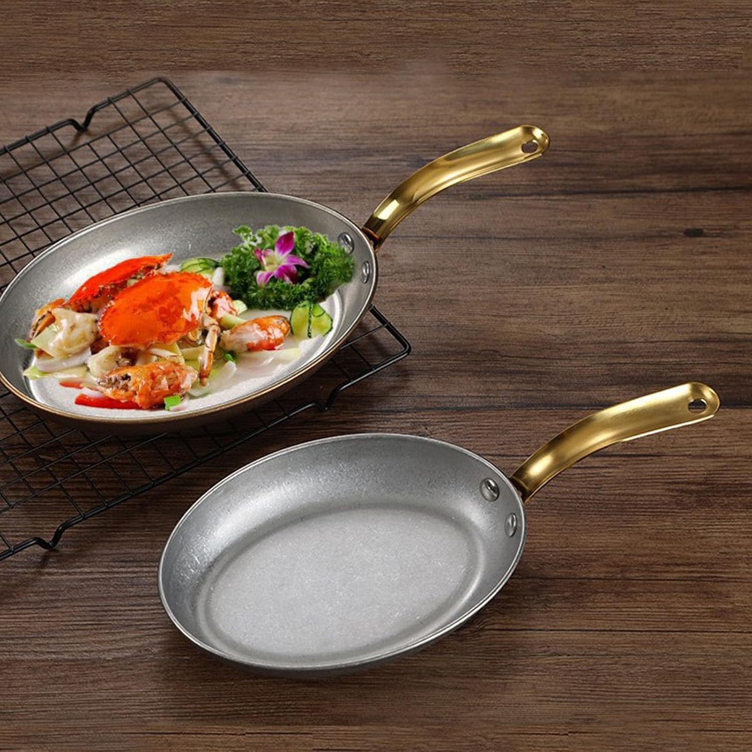 Oval Spanish Paella Pan with Handle - Stainless Steel Non-Stick Seafood Plate Frying Pans for Home Cooking and Outdoor,Silver,20.5cm