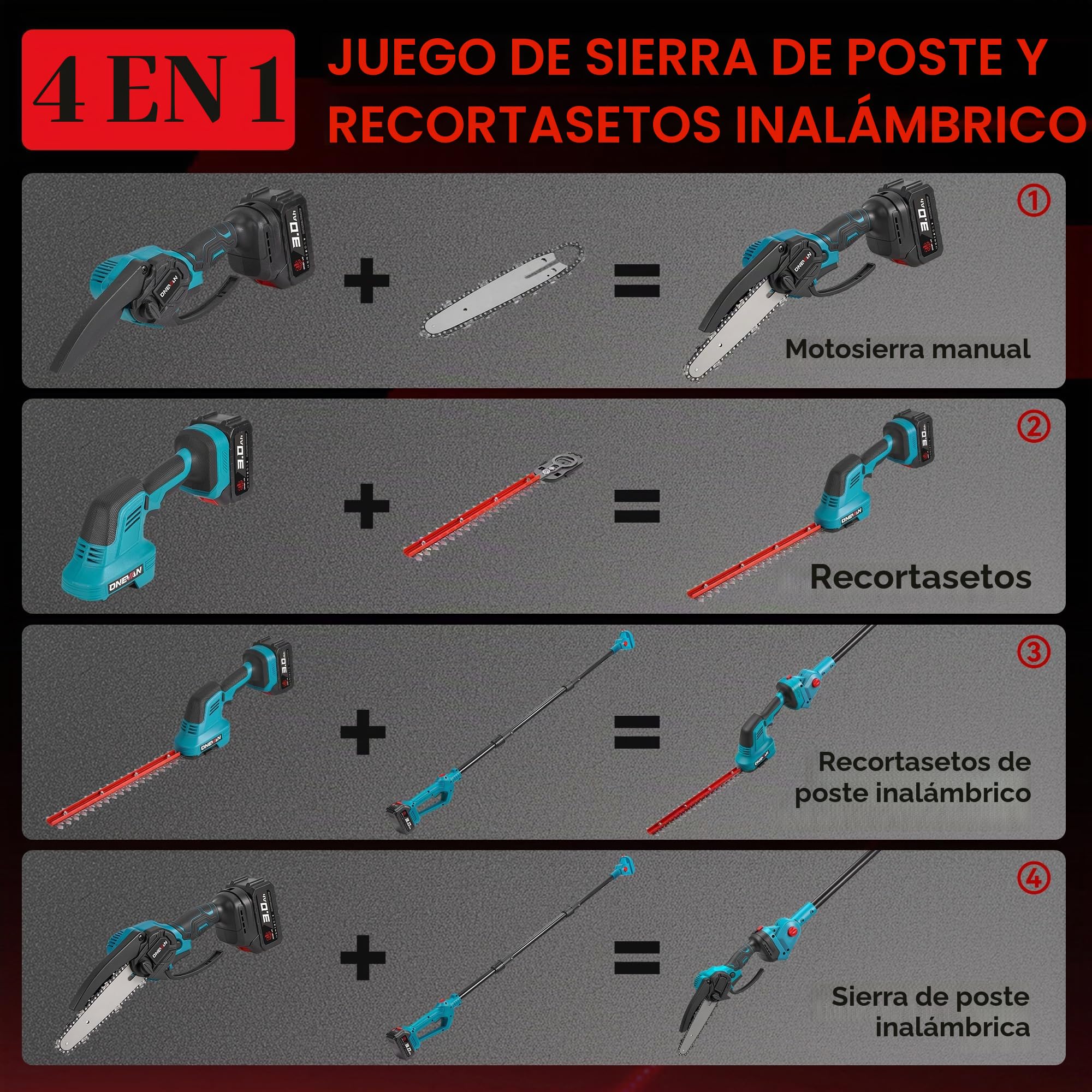 ONEVAN Cortasetos Telescópic & Motosierra Batería, 4 en 1, giratoria 180° | 2 baterías de 3,0Ah, pértiga extensible de 2,25m, motosierra de 6" y cortasetos de 30cm, sin escobillas, para poda en altura