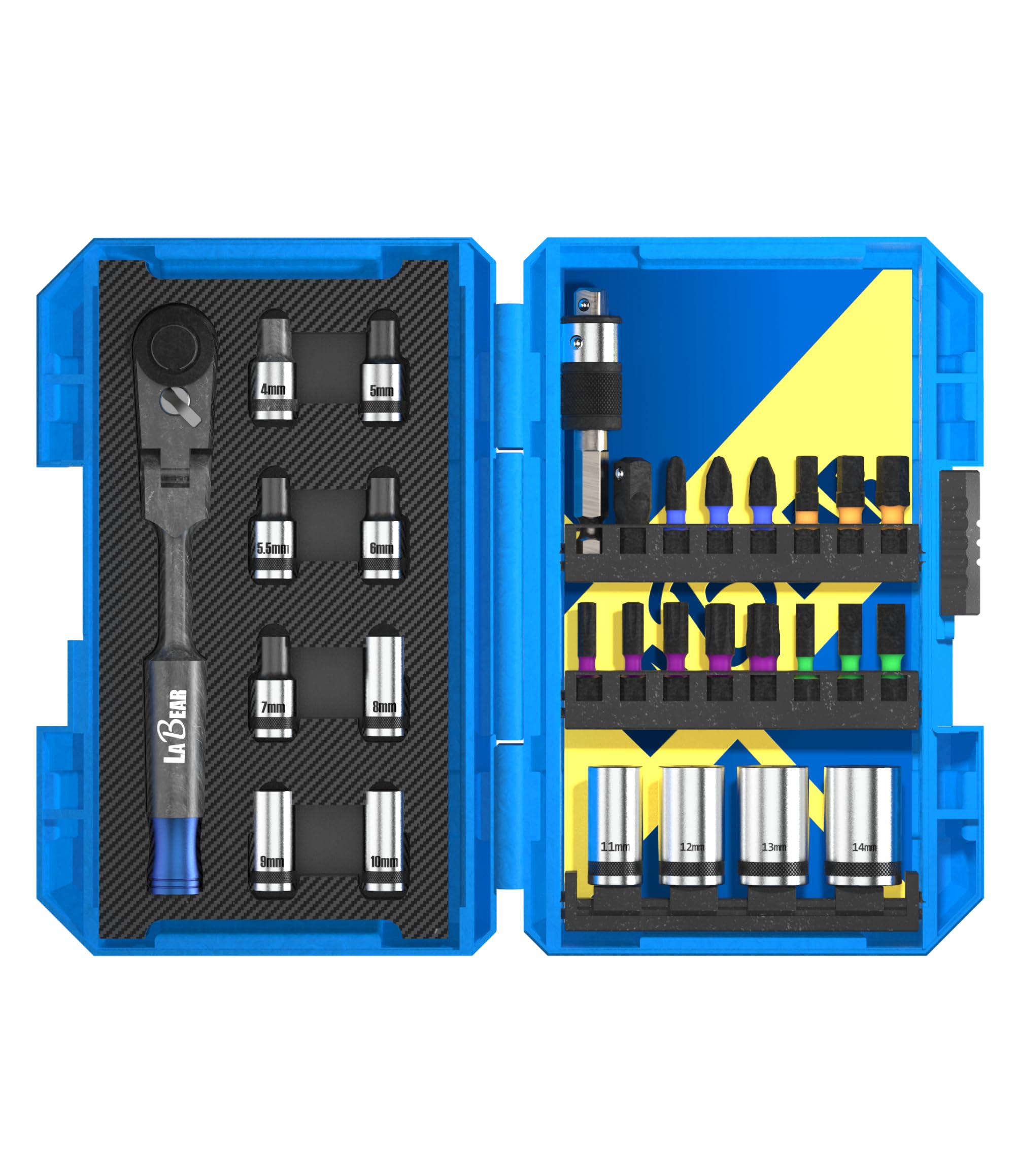 LaBear 29-częściowy zestaw 1/4" z grzechotką i 1/4" Dr. Socket Set / 2 w 1 bit i uchwyt gniazda 1/4-cala S2 Impact Bits, adapter gniazda do elektroniki domowej, pojazdów