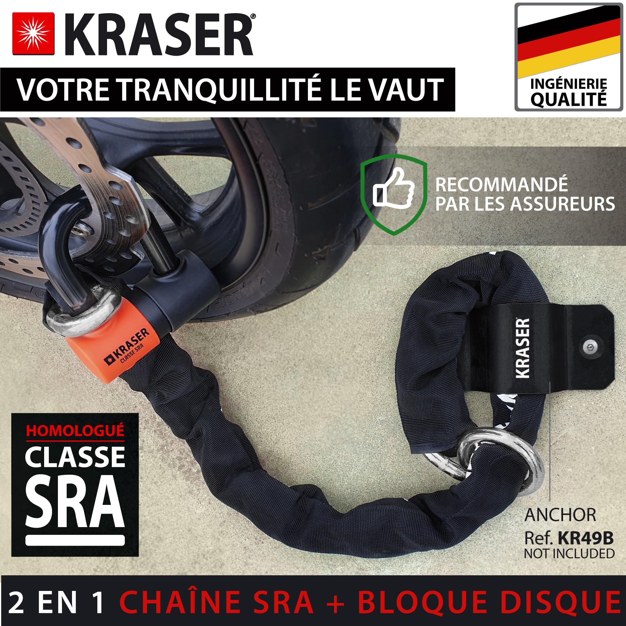 KRASER KR50120L Antivol Moto Homologué SRA | Chaîne ø13,5 Haute Sécurité Acier Cémenté Testée + Robust Mini U ø18mm, 3 Clés (autres 2), Bloque Disque + Chaîne, 2en1, Recommandé Assurances, 120cm Lasso