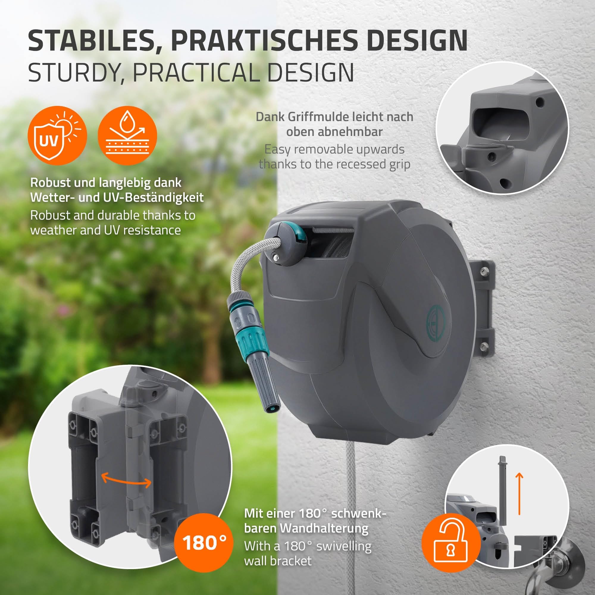 ECD Germany Carrete de Manguera 15m + 1,5m Extensible de PVC Enrollador Automático Portamanguera con Bloqueo y 9 Funciones de Pulverización, Tambor de Pared Giratorio 180° para Jardín Exterior