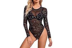 Womens Mesh Long Sleeve Bodysuit: Shimmering Sparkle