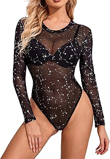 Womens Mesh Long Sleeve Bodysuit Round Neck Sheer Leotards Geo Print Bodysuit Top with Snap Crotch