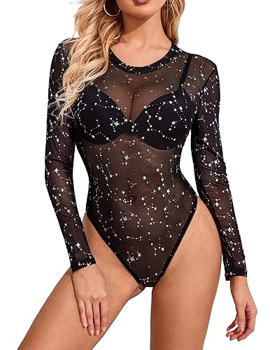 Avidlove Womens Mesh Long Sleeve Bodysuit Round Neck Sheer Leotards