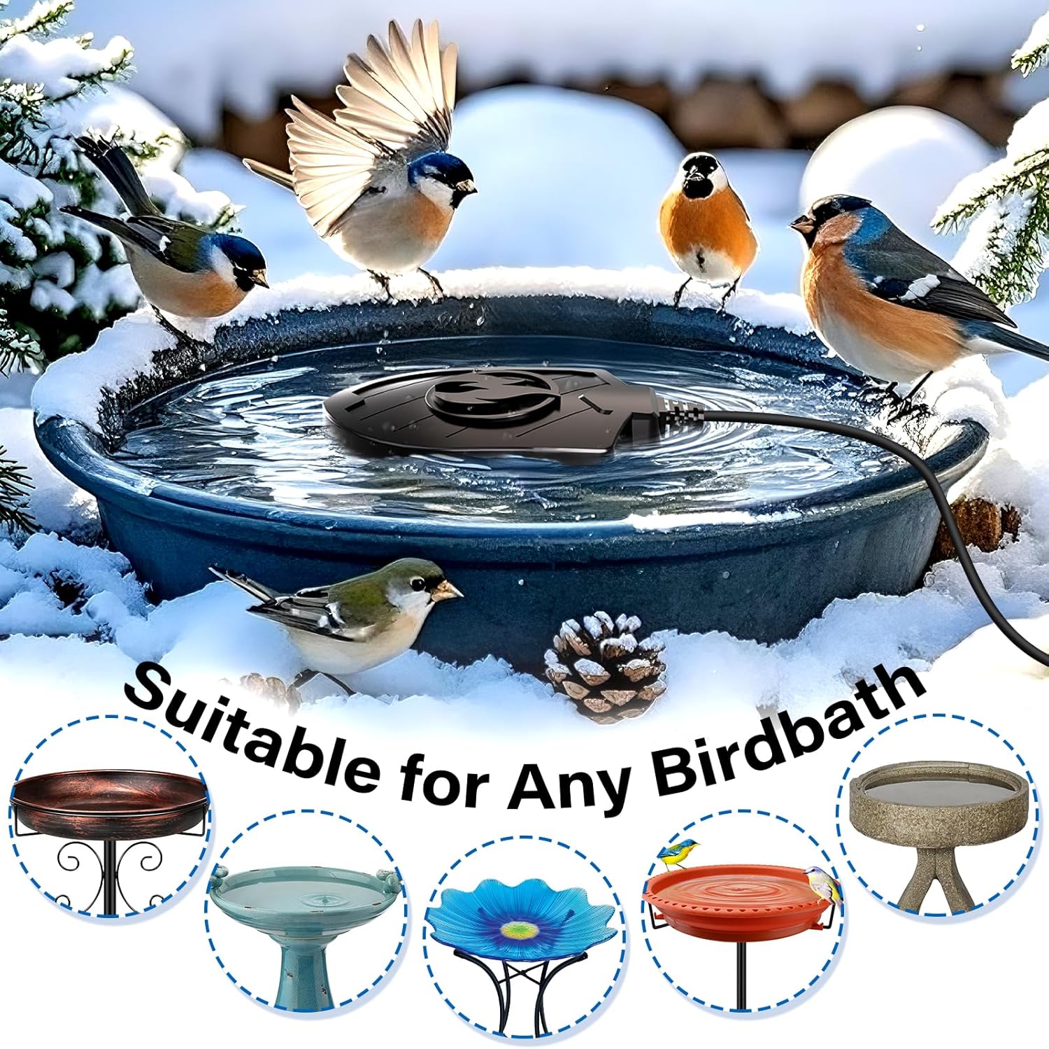 100W Bird Bath Heater, Birdbath Heaters for Outdoor Bird Bath Water Heater in Winter Submersible Thermostat Control, Heated Bird Bath Deicer for Outside Bird Chicken Poultry Livestock (Black) - Image 6