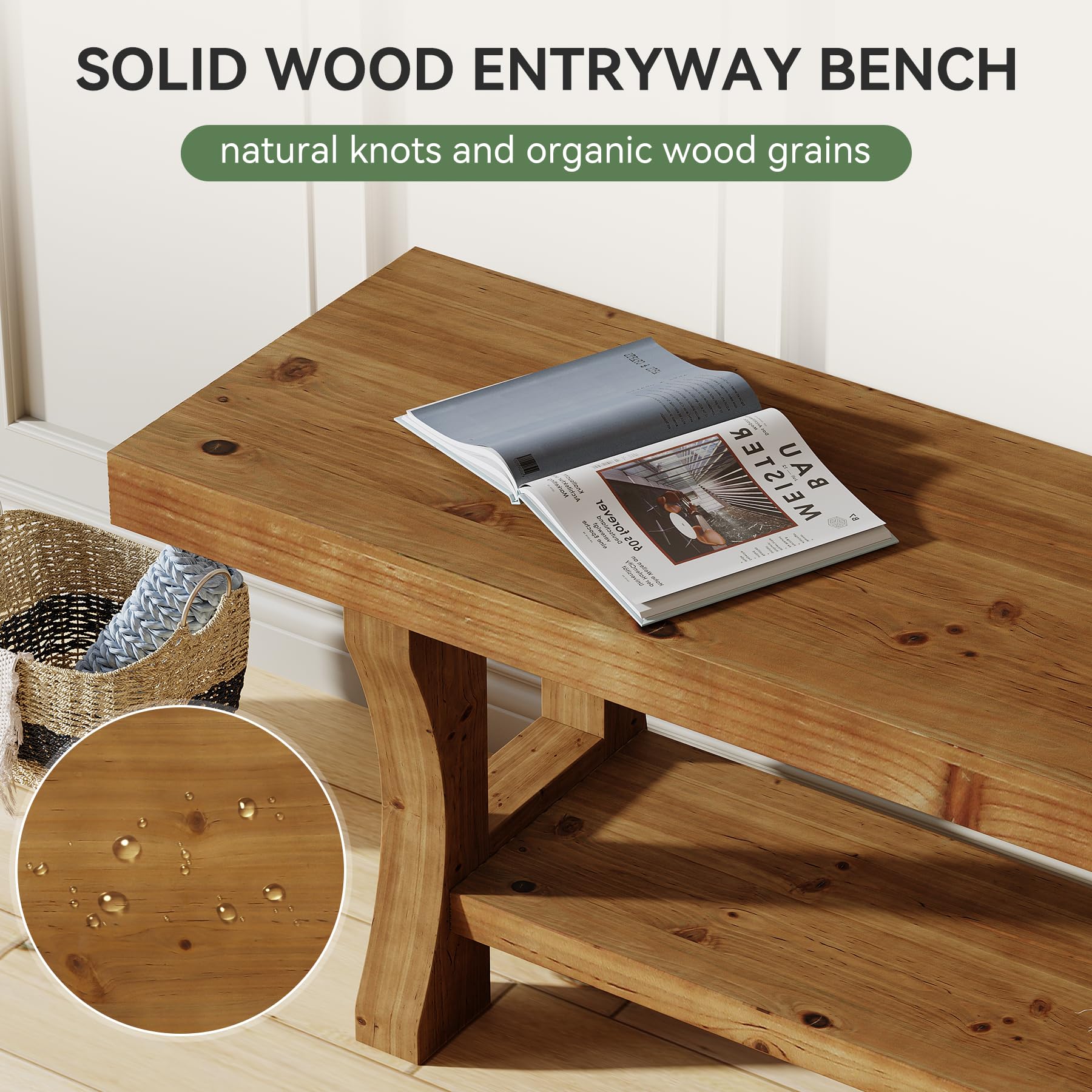 Solid Wood Entryway Bench, 55" End of Bed Bench, Long Indoor Dining Seat for Hallway, Bedroom, Living Room, Dining Room, Easy Assembly, Brown