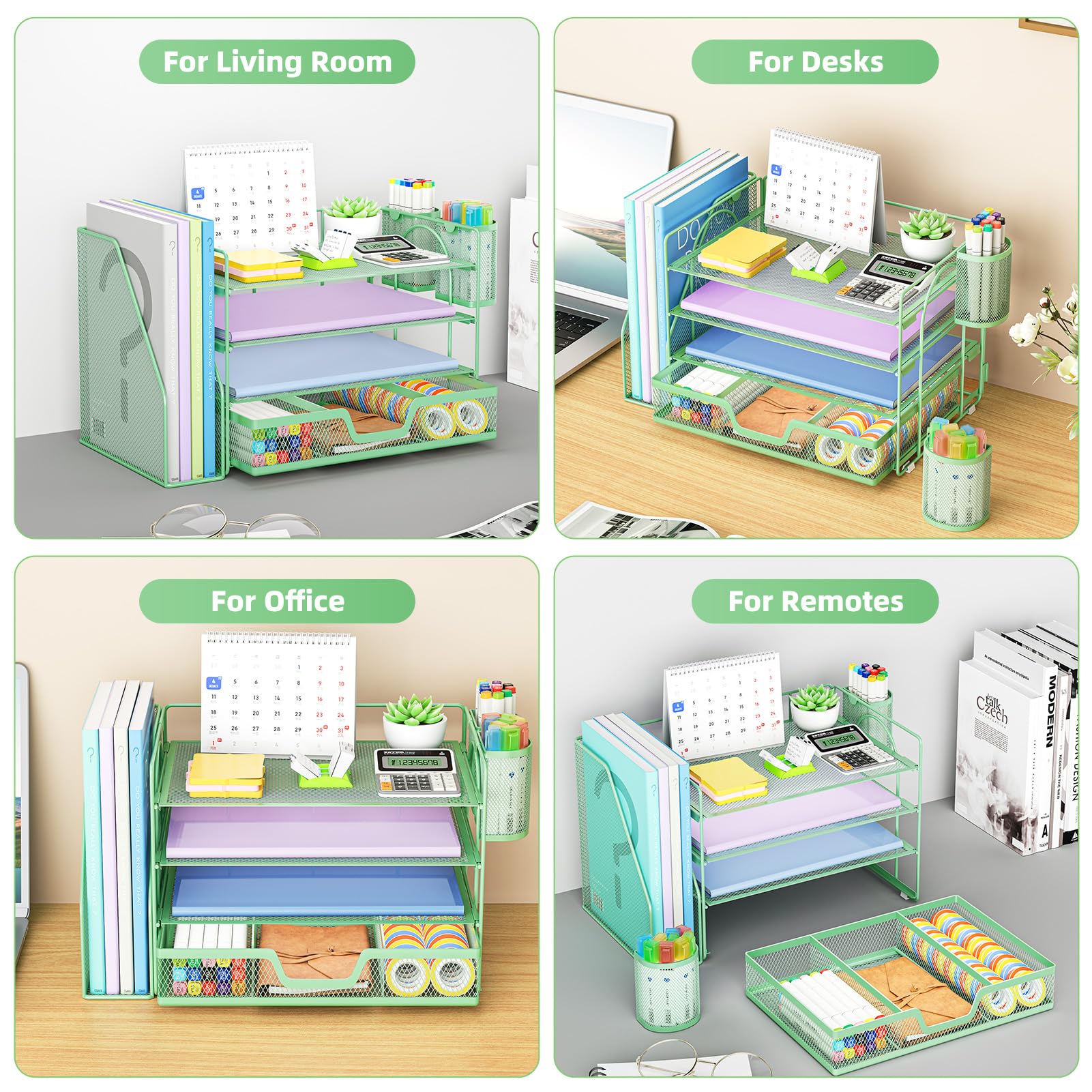 Marbrasse Organizer da scrivania e accessori, vassoio per lettere a 4 ripiani con porta documenti, accessori da scrivania e organizer per spazi di lavoro con cassetto e 2 portapenne (verde, 39,1 x