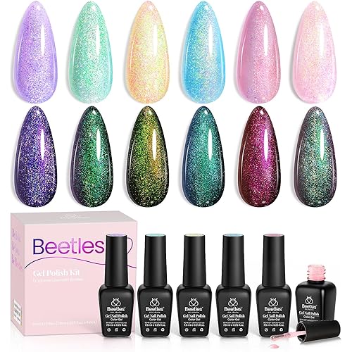 Beetles Glitter Gel Nail Polish Set – 6 Colors Soak Off UV LED Sparkle Gel Polish Kit, Purple Yellow Green Red Pink Glitter Nail Gel for Nail Art, Overlay or Base DIY Manicure and Salon Use