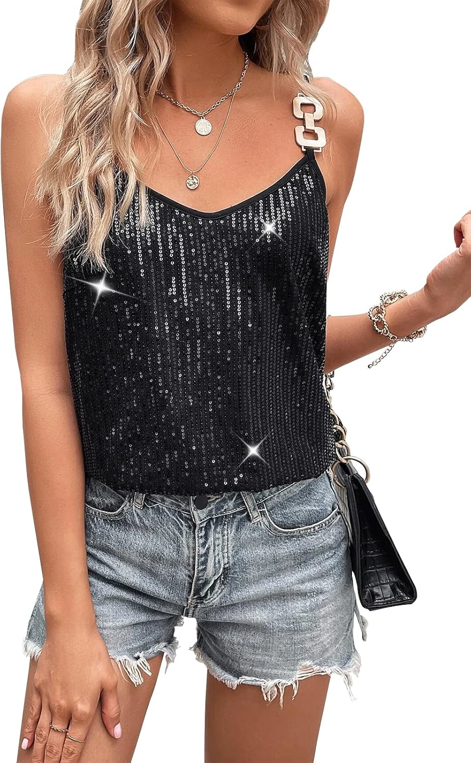 Womens Sequin Top V Neck Strappy Sparkle Camisole Glitter Sleeveless Tanks Tops - Image 2