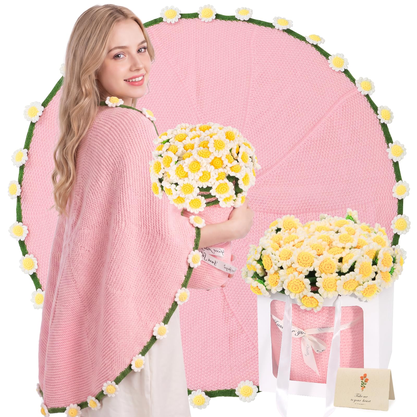 OHOIT Crochet Daisy Flower Bouquet Blanket, Daisy Gifts for Women 63 Inches