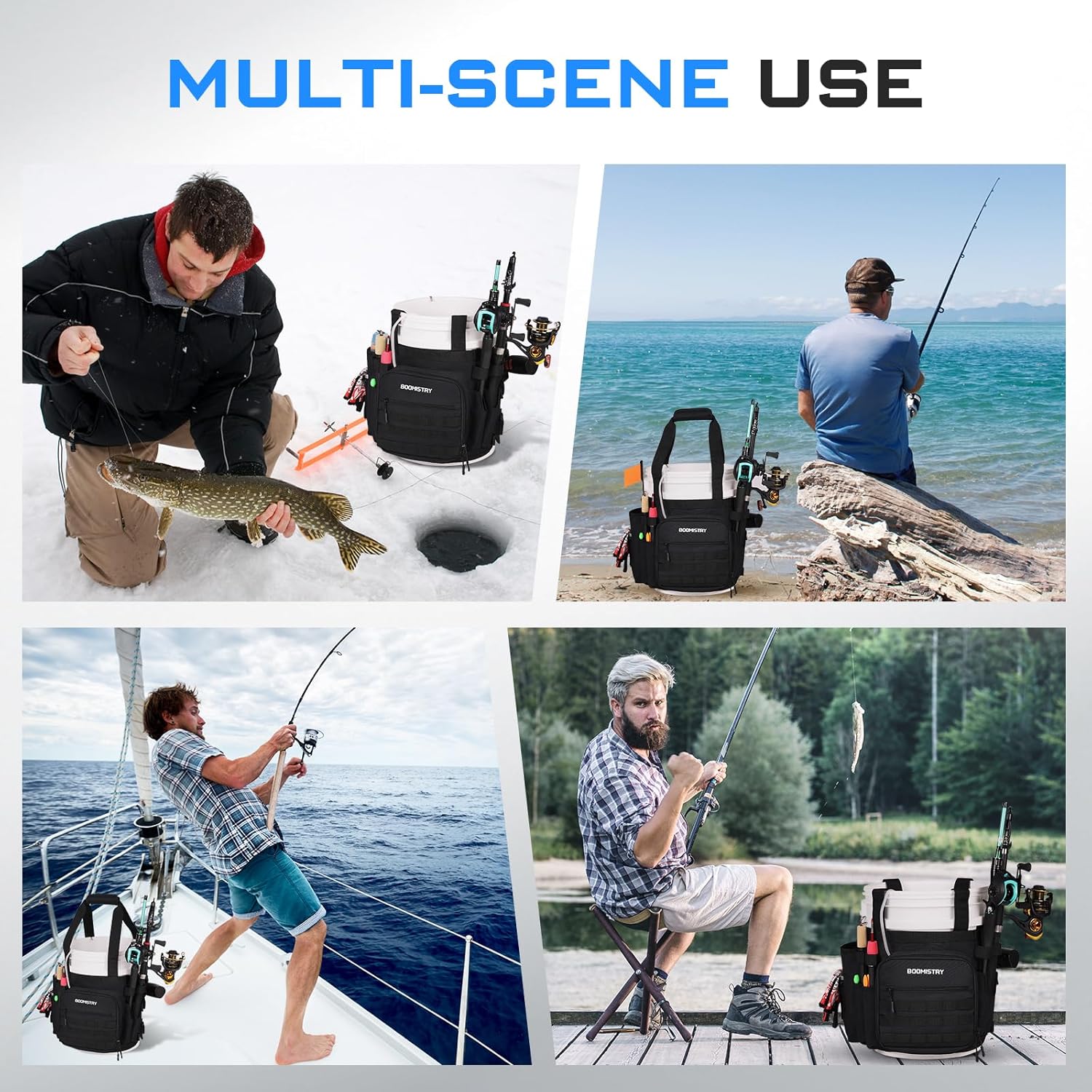 Boomistry Fishing Bucket Organizer for 5 Gallon Bucket Accessories, Fishing Tackle Bag with Adjustable Buckle, Fishing Rod Bag with 15 Multi-Pockets for Fishing Gear and Equipment (Black)